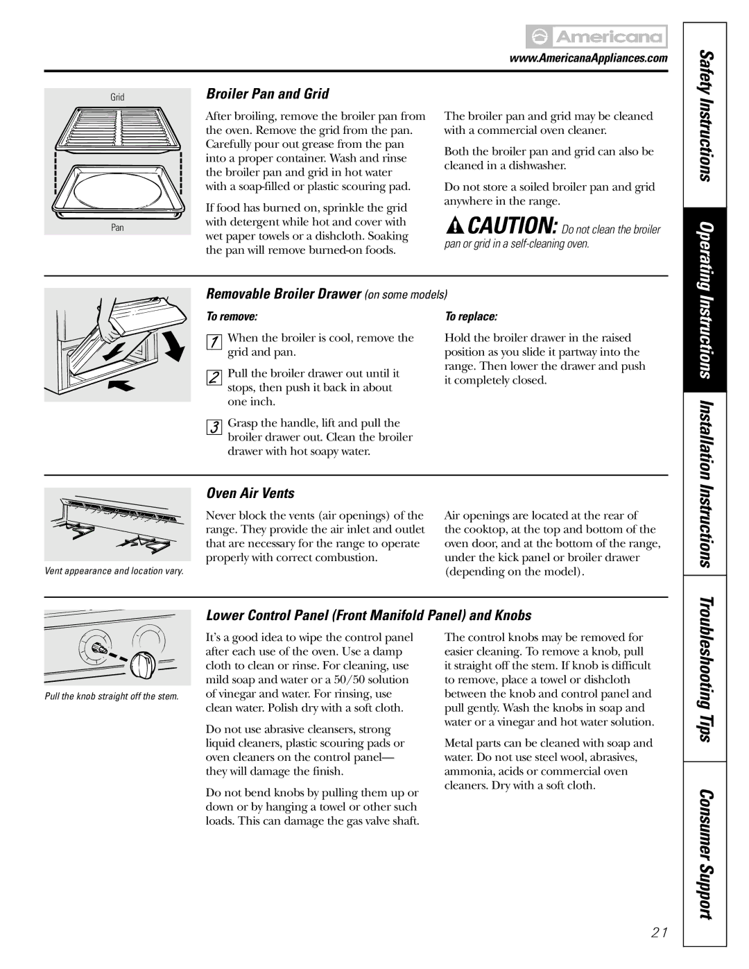 Americana Appliances AGBS300 Instructions Operating, Broiler Pan and Grid, Removable Broiler Drawer on some models 