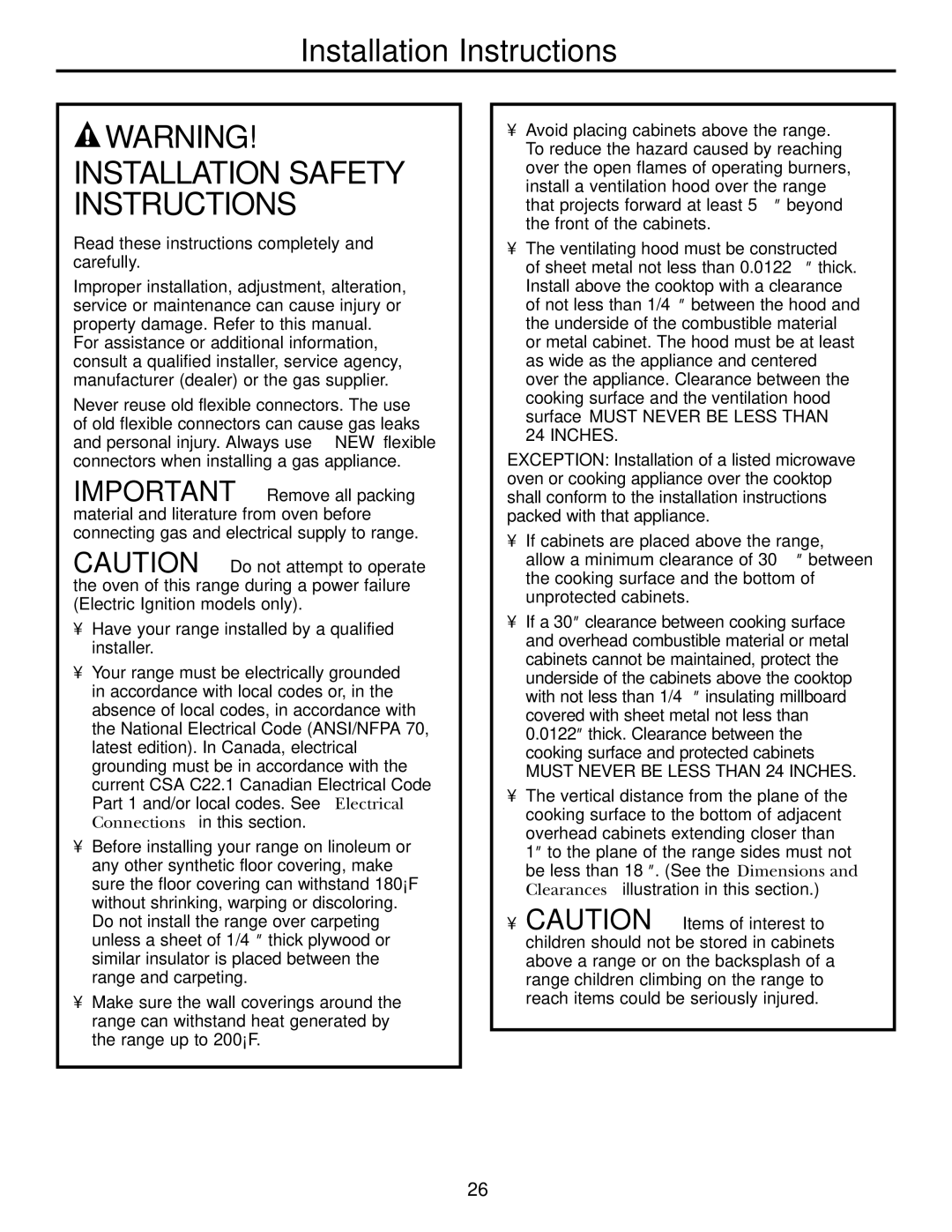 Americana Appliances AGBS300 installation instructions Installation Safety Instructions 