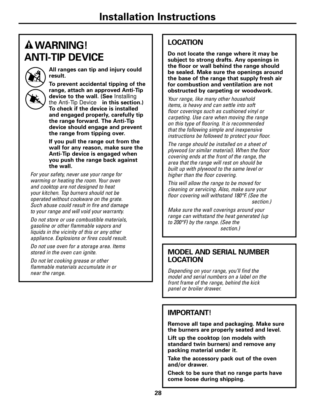 Americana Appliances AGBS300 installation instructions Model and Serial Number Location 