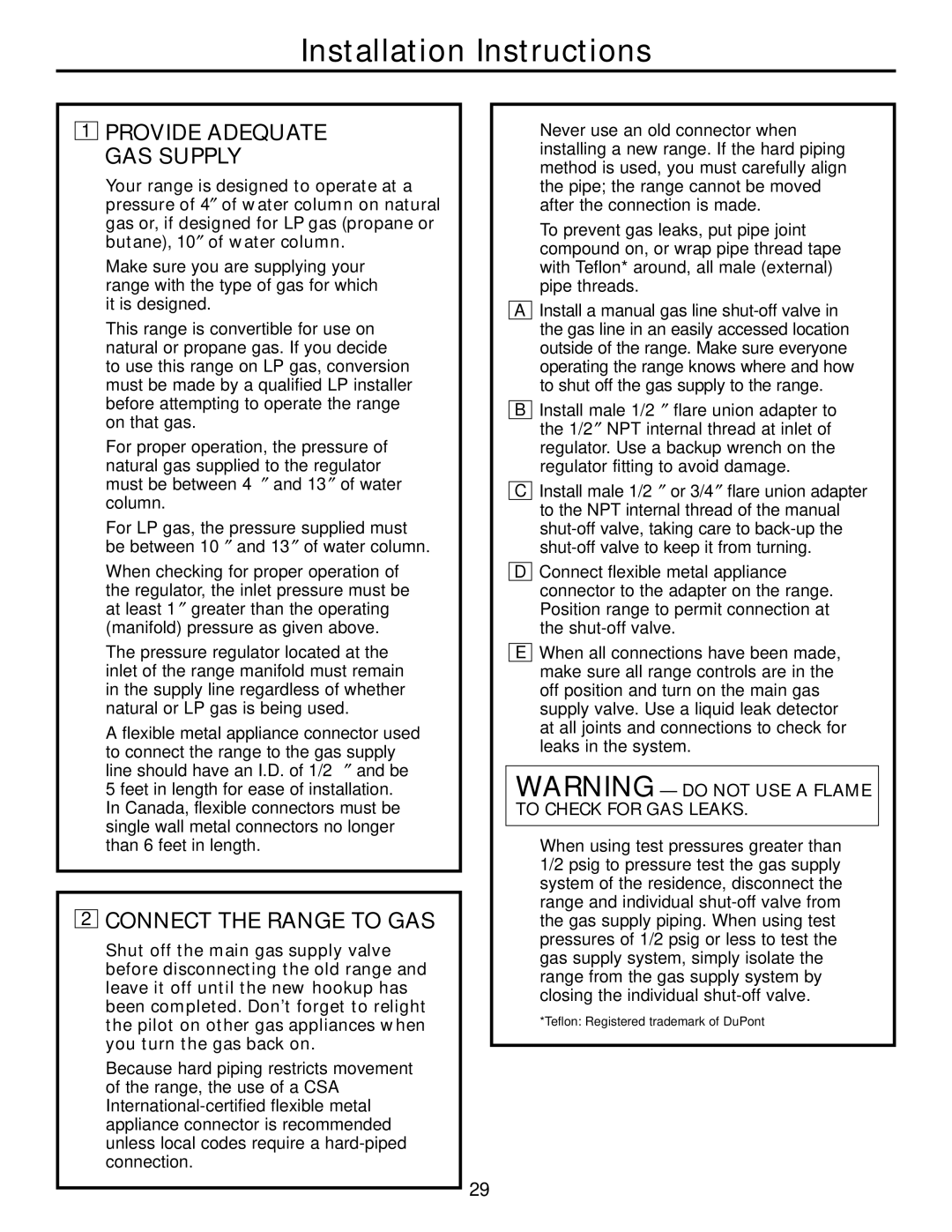 Americana Appliances AGBS300 installation instructions Connect the Range to GAS, Provide Adequate GAS Supply 