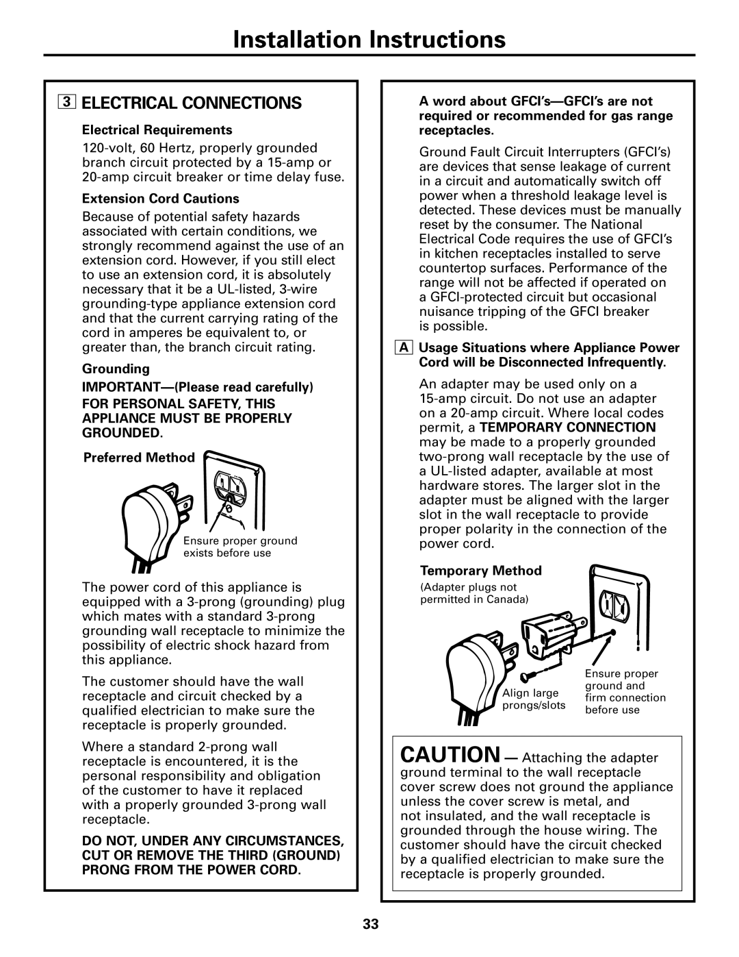 Americana Appliances AGBS300 installation instructions Electrical Connections 