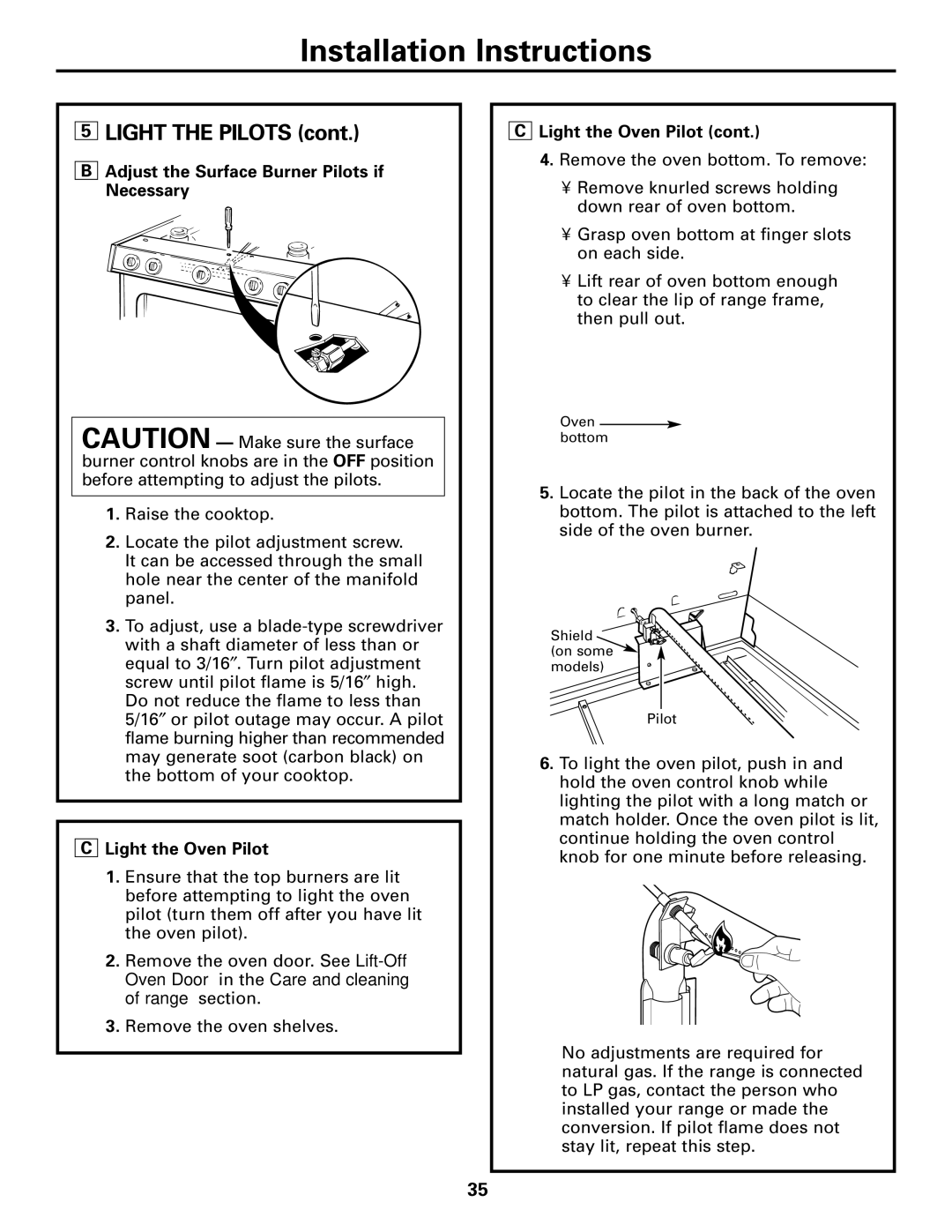 Americana Appliances AGBS300 installation instructions Adjust the Surface Burner Pilots if Necessary, Light the Oven Pilot 