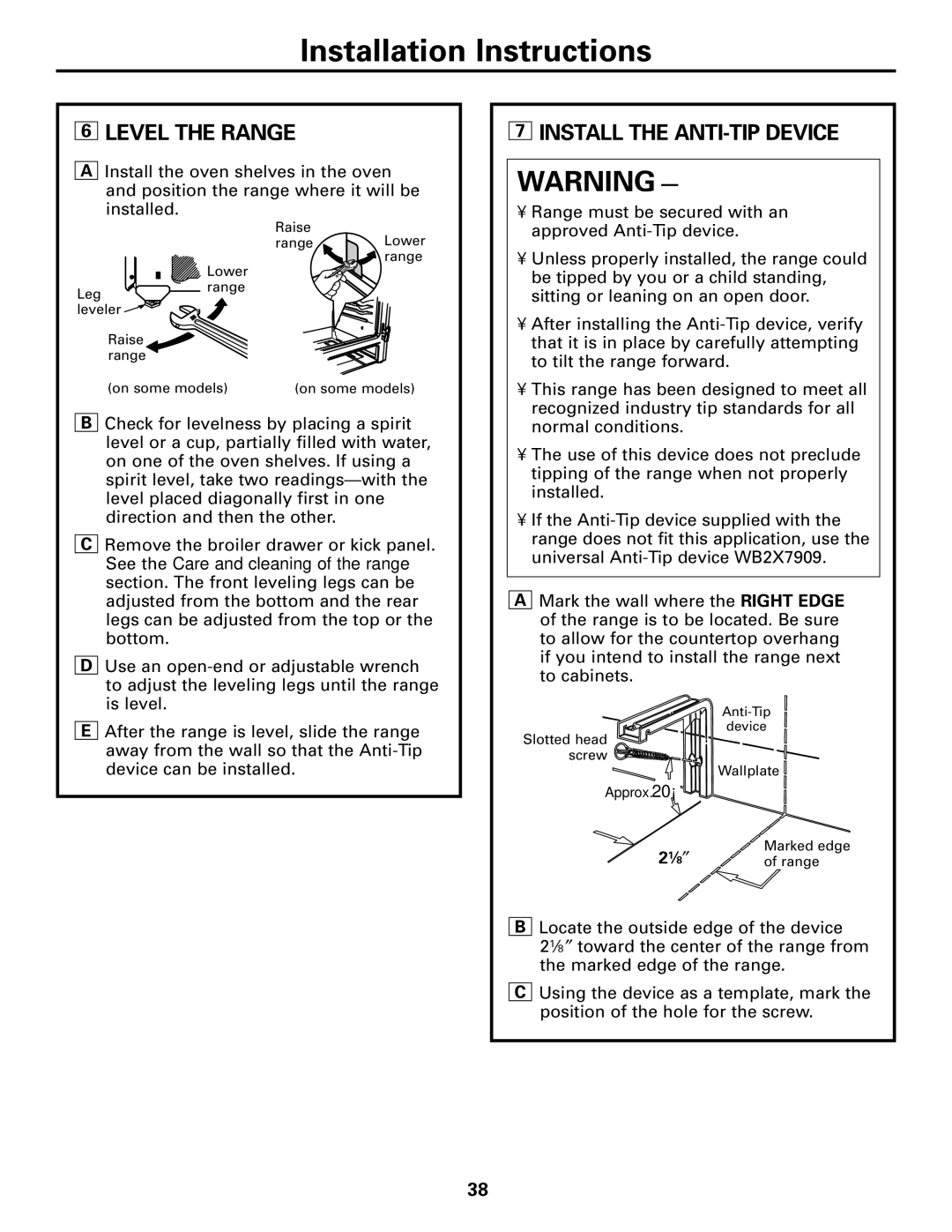 Americana Appliances AGBS300 installation instructions Level the Range, Install the ANTI-TIP Device, ⁄ 8 ″ 