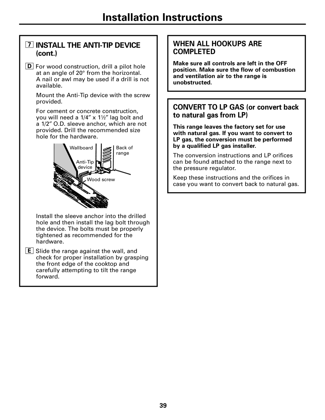 Americana Appliances AGBS300 installation instructions Install the ANTI-TIP Device, When ALL Hookups are Completed 