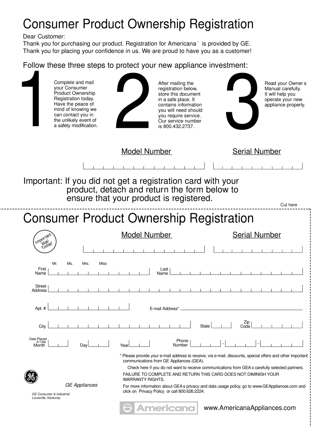 Americana Appliances AGBS300 installation instructions Consumer Product Ownership Registration 