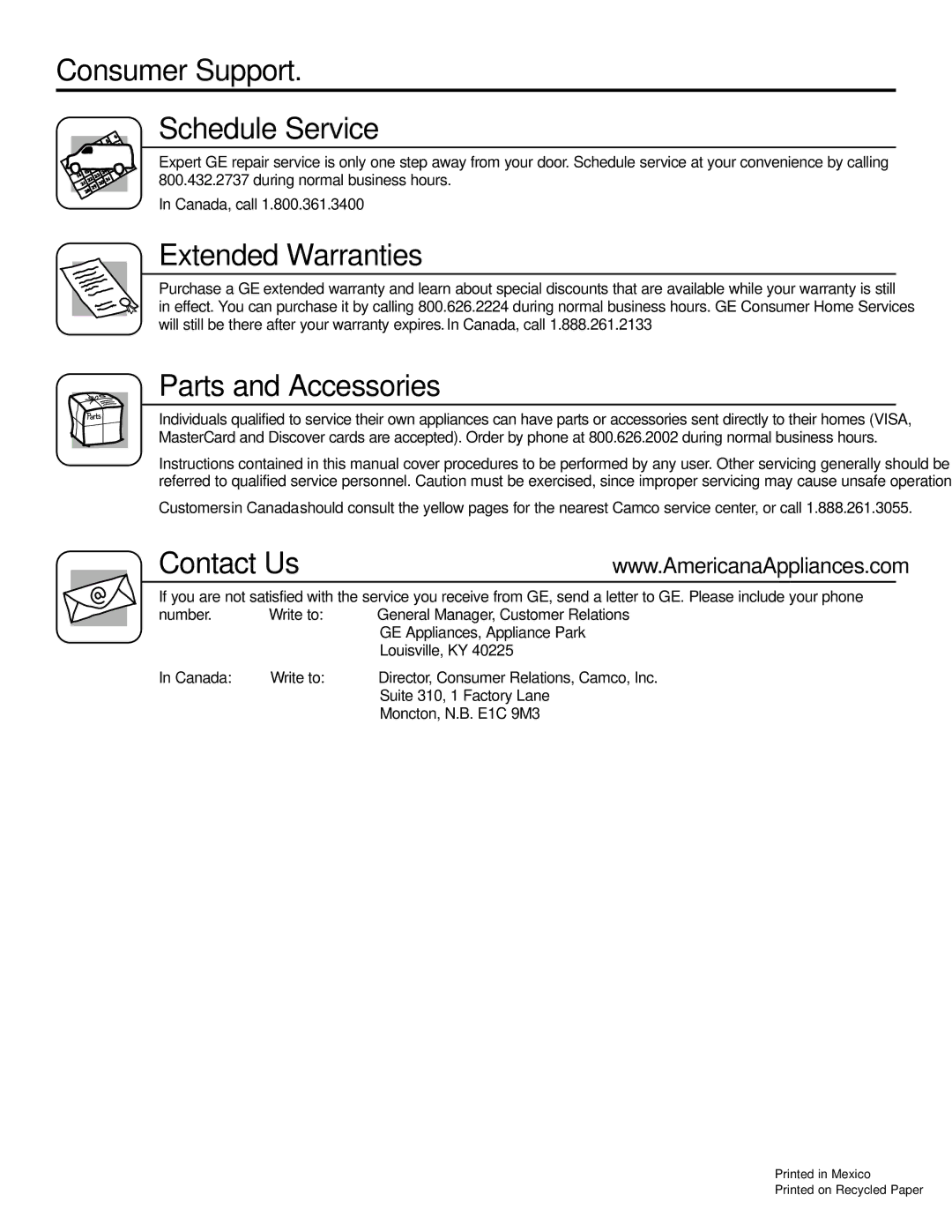 Americana Appliances AGBS300 installation instructions Consumer Support, Contact Us 