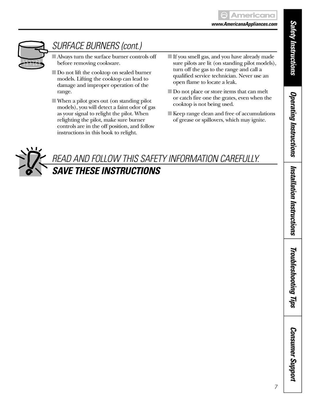 Americana Appliances AGBS300 installation instructions Surface Burners, Instructions Operating Instructions 