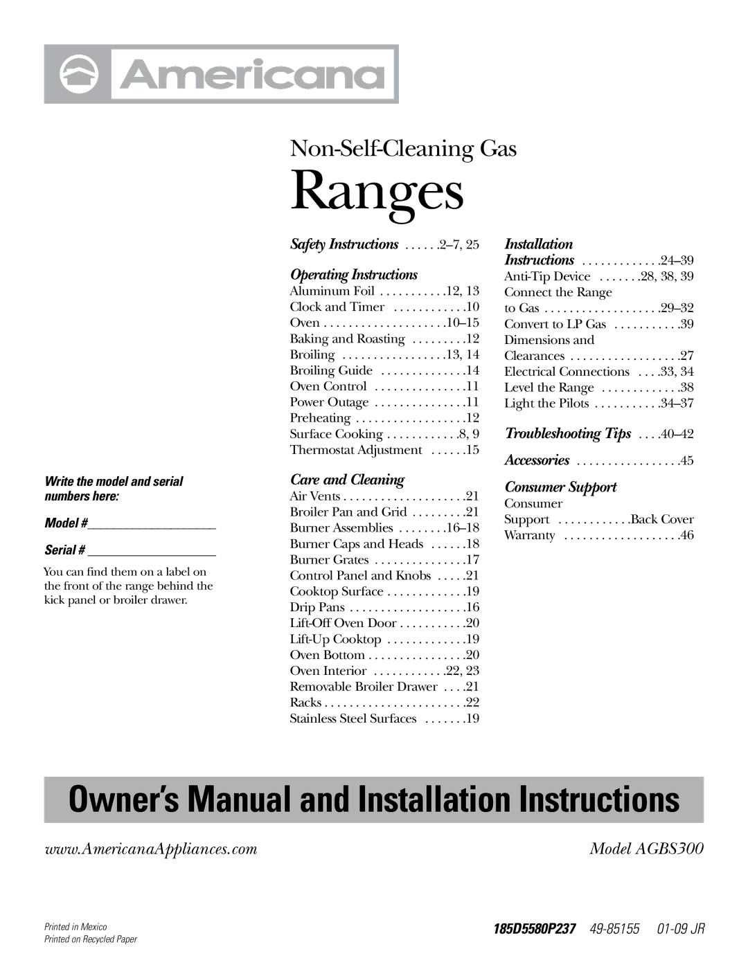 Americana Appliances AGBS300 installation instructions Ranges 