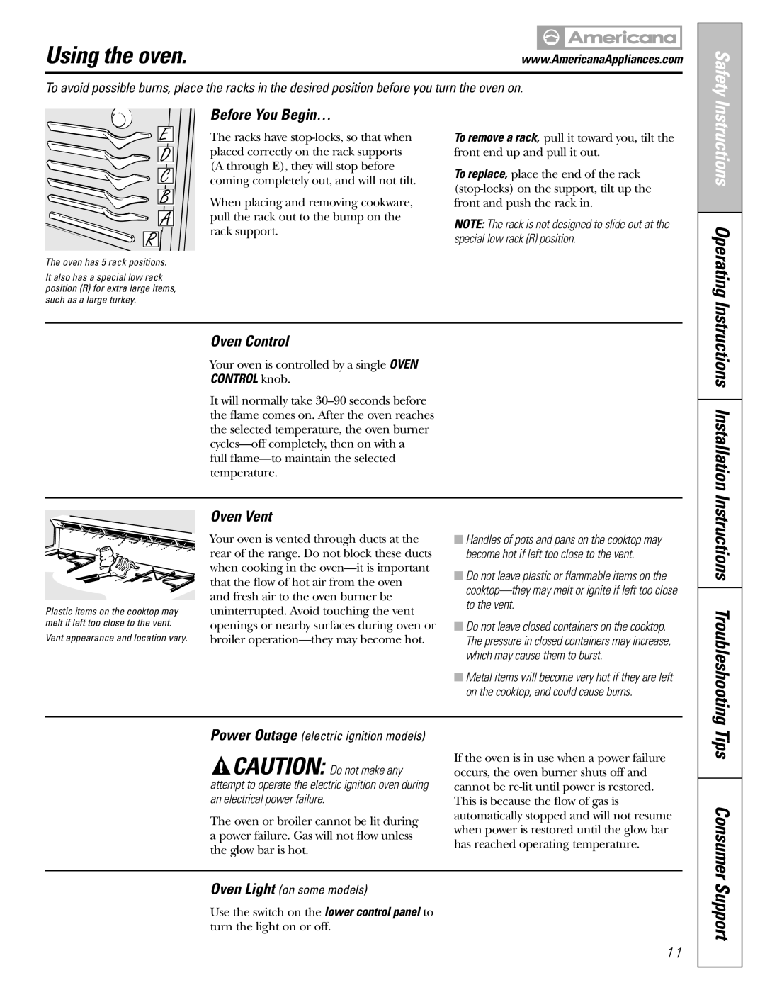 Americana Appliances AGBS300 installation instructions Using the oven, Before You Begin…, Oven Control, Oven Vent 