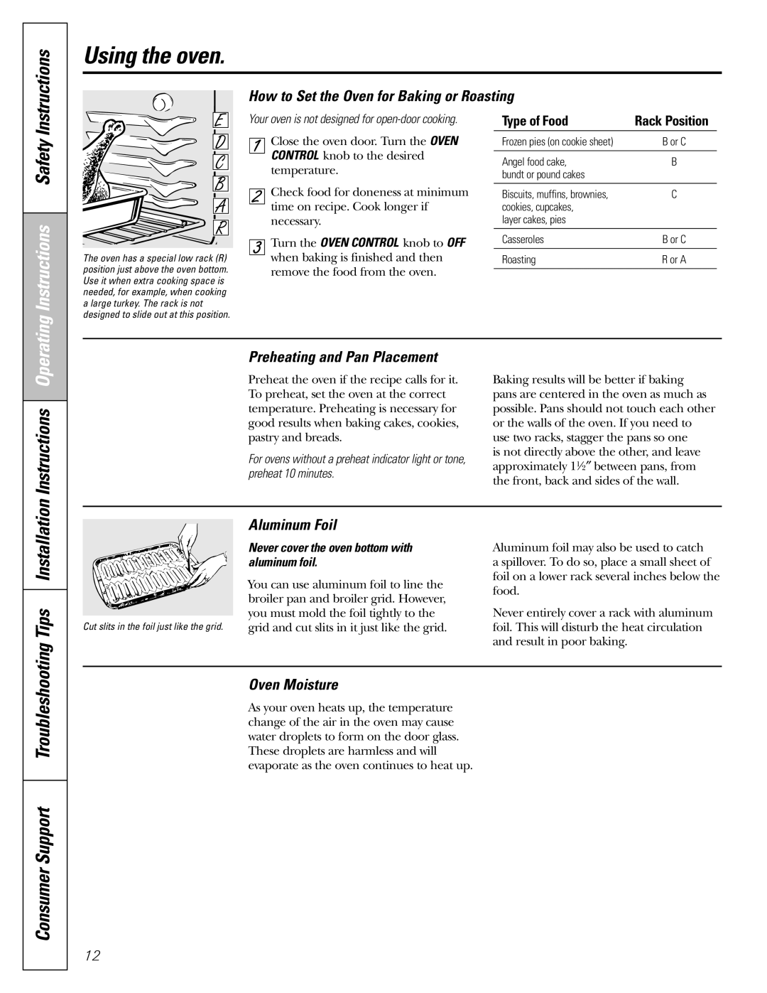 Americana Appliances AGBS300 How to Set the Oven for Baking or Roasting, Preheating and Pan Placement, Aluminum Foil 