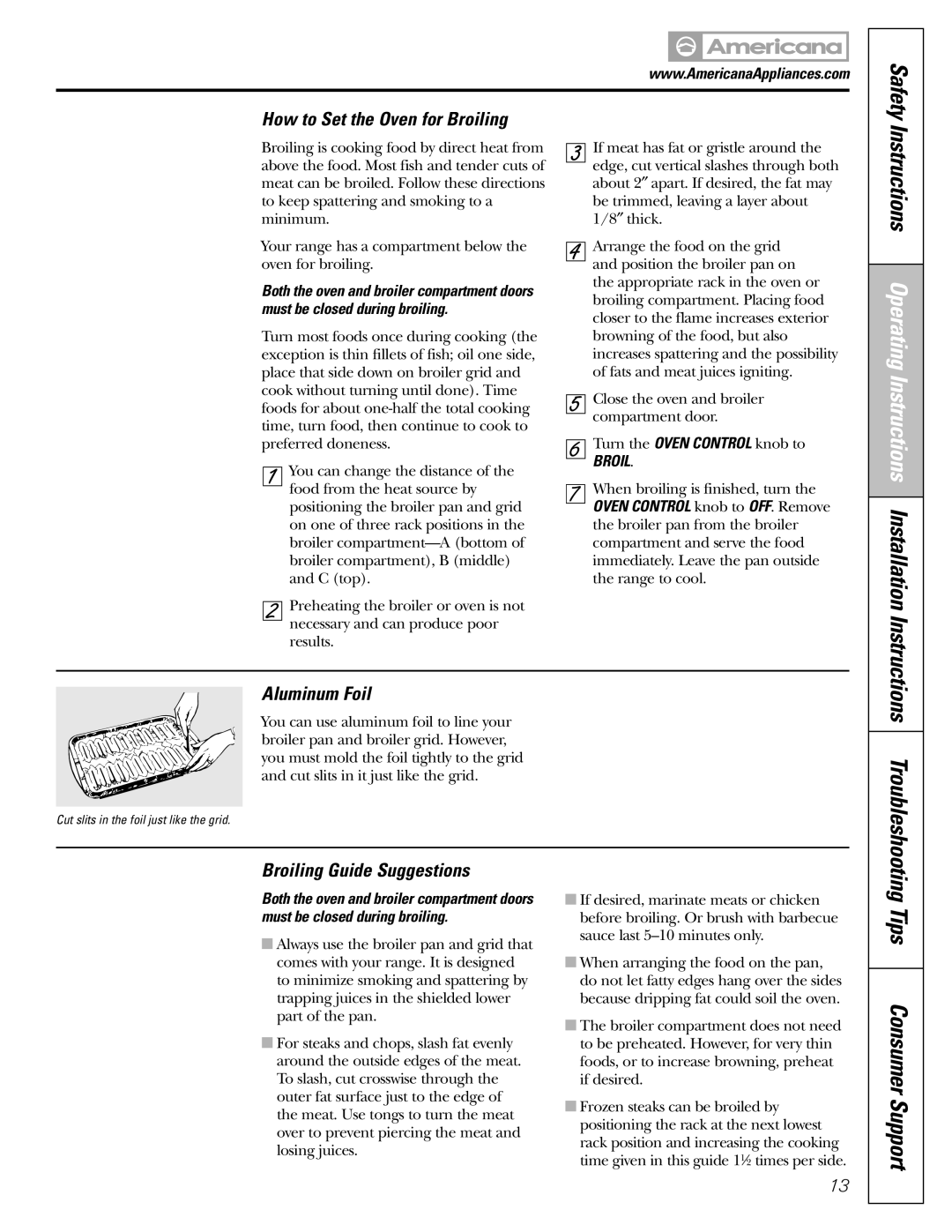 Americana Appliances AGBS300 installation instructions How to Set the Oven for Broiling, Broiling Guide Suggestions 