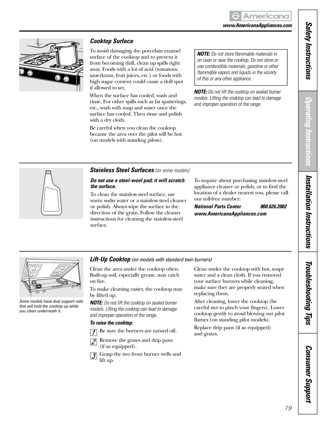 Americana Appliances AGBS300 Installation Instructions, Cooktop Surface, Stainless Steel Surfaces on some models 