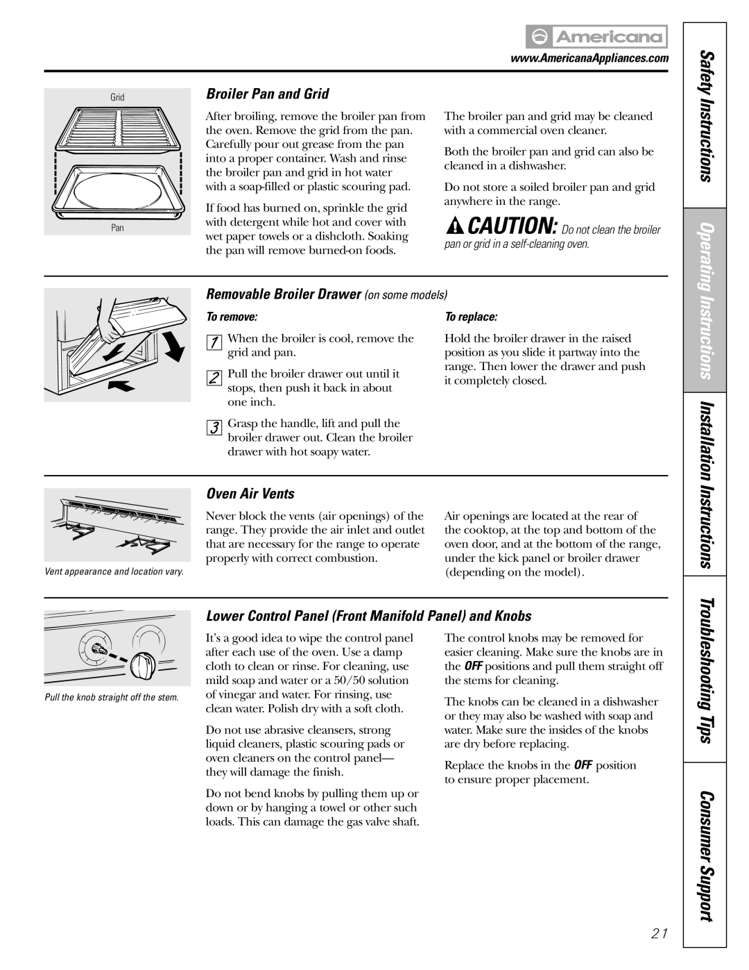 Americana Appliances AGBS300 Instructions Operating, Broiler Pan and Grid, Removable Broiler Drawer on some models 