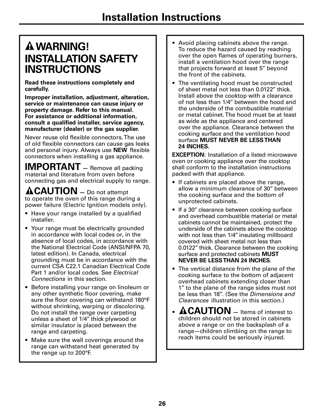 Americana Appliances AGBS300 installation instructions Installation Safety Instructions 