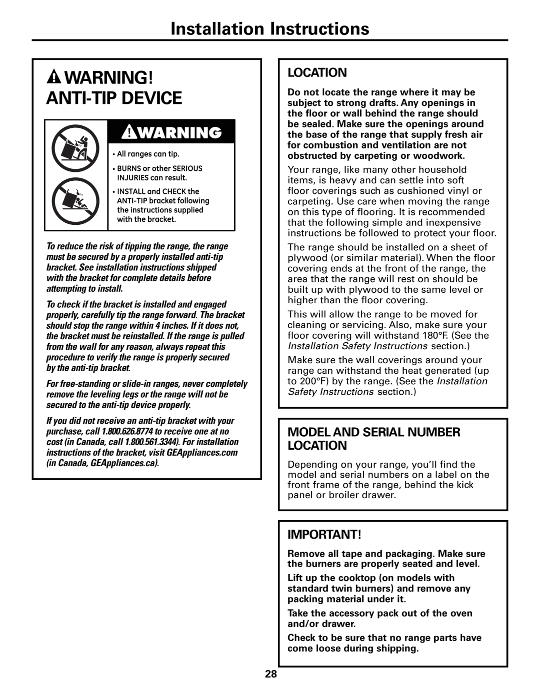 Americana Appliances AGBS300 installation instructions Model and Serial Number Location 