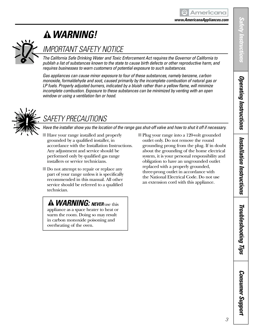 Americana Appliances AGBS300 installation instructions Important Safety Notice, Safety Instructions Operating Instructions 