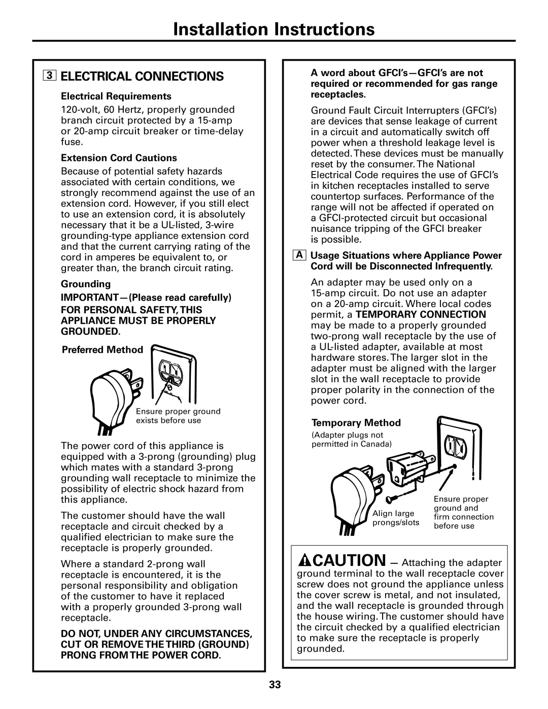 Americana Appliances AGBS300 installation instructions Electrical Connections 