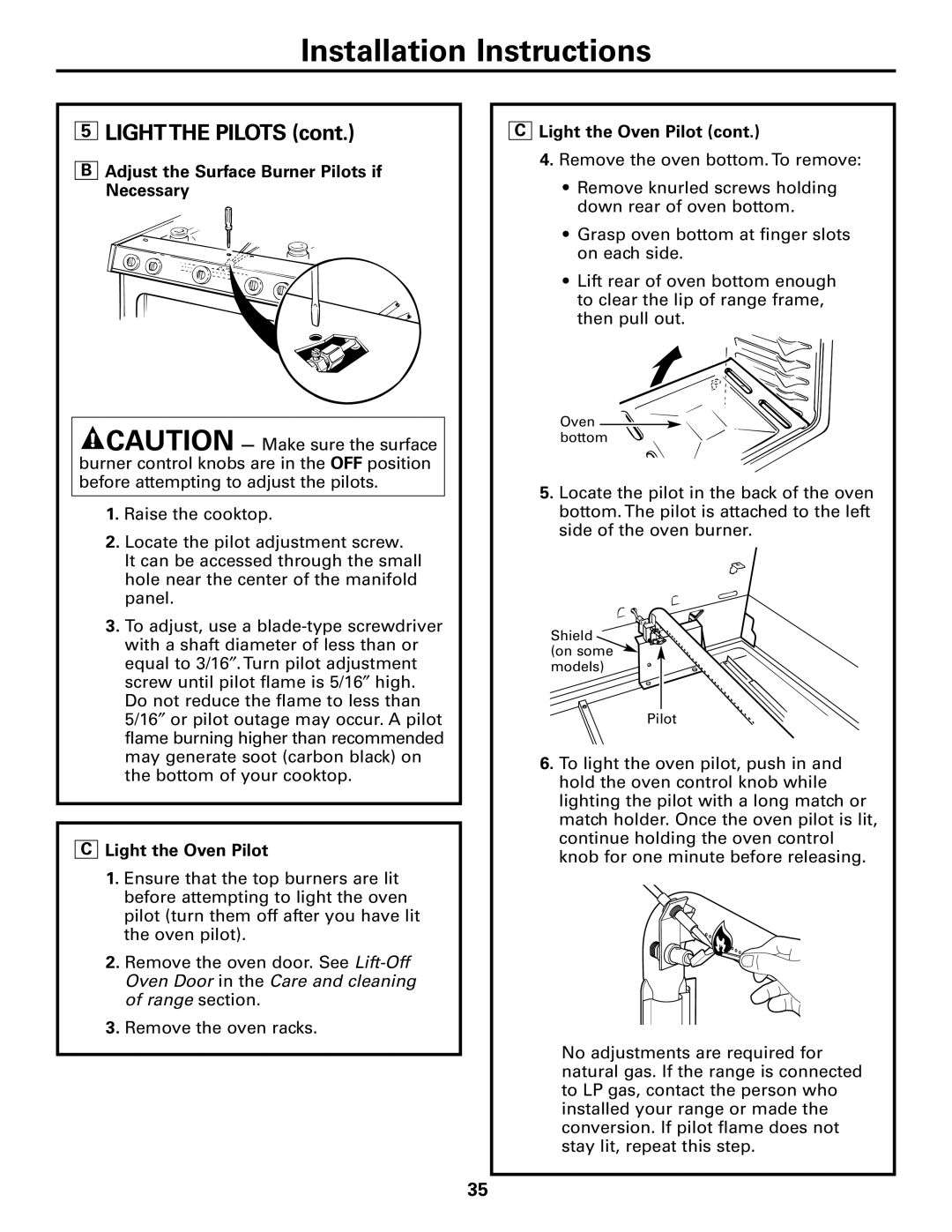 Americana Appliances AGBS300 installation instructions Adjust the Surface Burner Pilots if Necessary, Light the Oven Pilot 