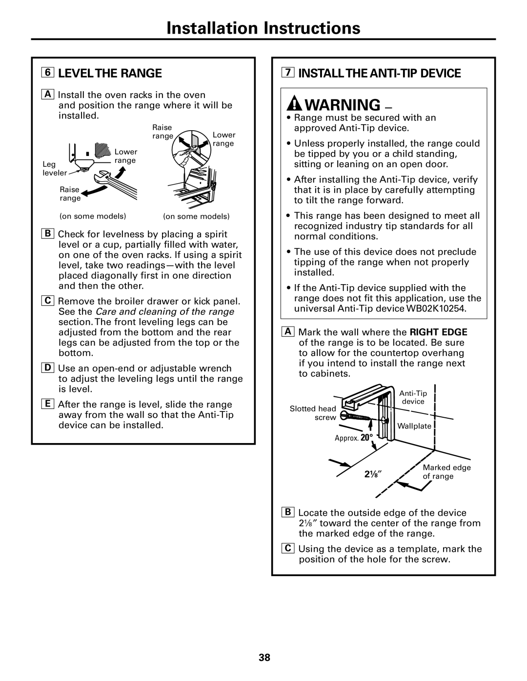 Americana Appliances AGBS300 installation instructions Levelthe Range, Installthe ANTI-TIP Device, ⁄ 8 ″ 