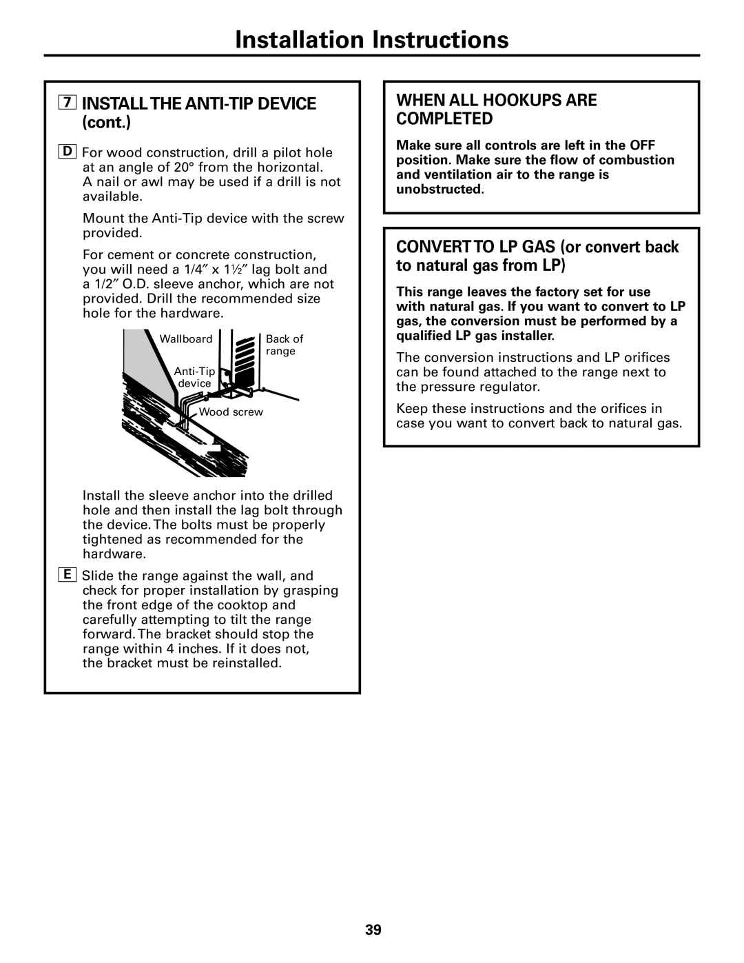 Americana Appliances AGBS300 installation instructions Installthe ANTI-TIP Device, When ALL Hookups are Completed 