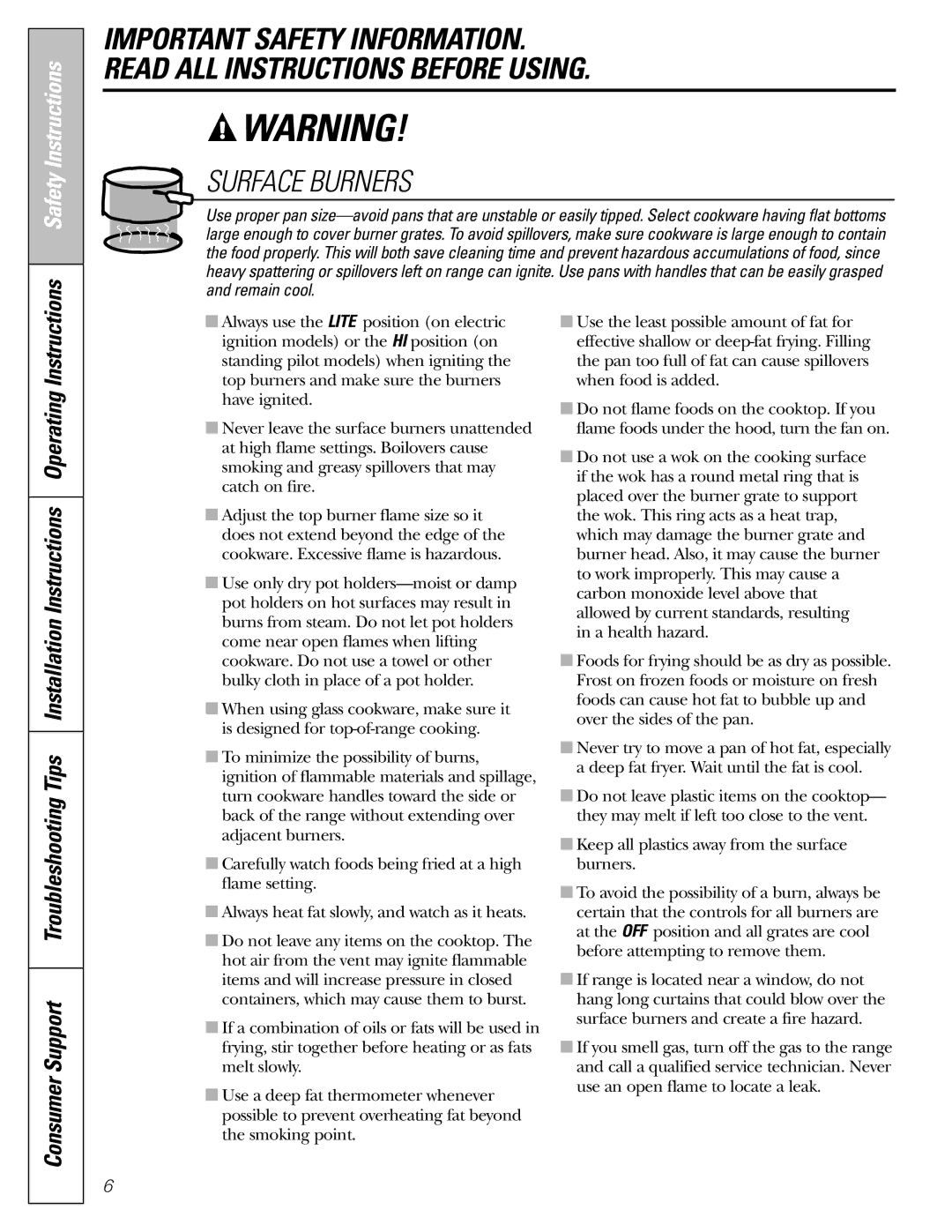 Americana Appliances AGBS300 installation instructions Surface Burners 