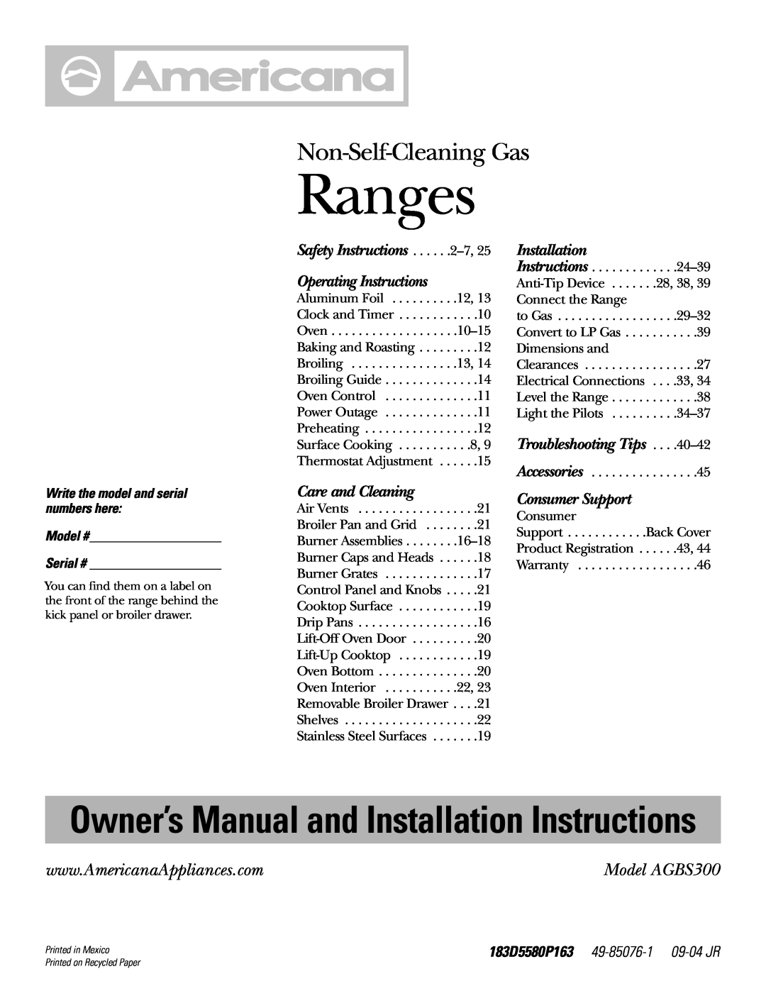 Americana Appliances installation instructions Ranges, Owner’s Manual and Installation Instructions, Model AGBS300 