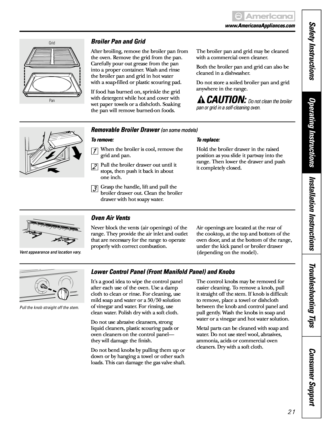 Americana Appliances AGBS300 Instructions Operating, Broiler Pan and Grid, Removable Broiler Drawer on some models, Safety 