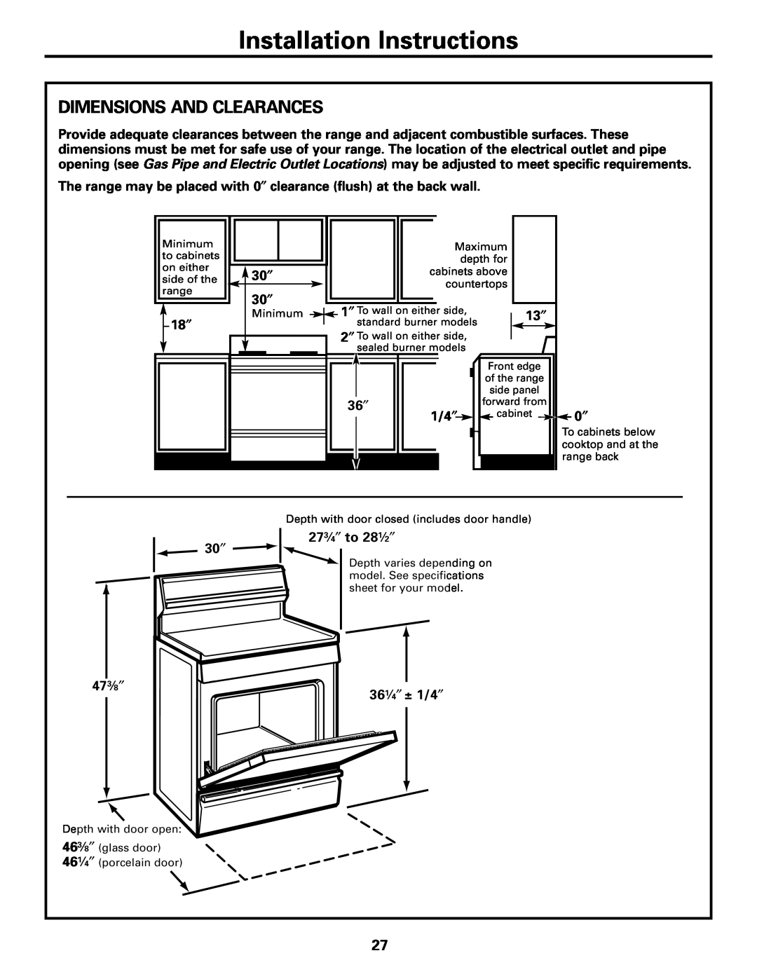 Americana Appliances AGBS300 Dimensions And Clearances, Installation Instructions, 36 ″, 1/4 ″, 273⁄4″ to 281⁄2″, 473⁄8″ 