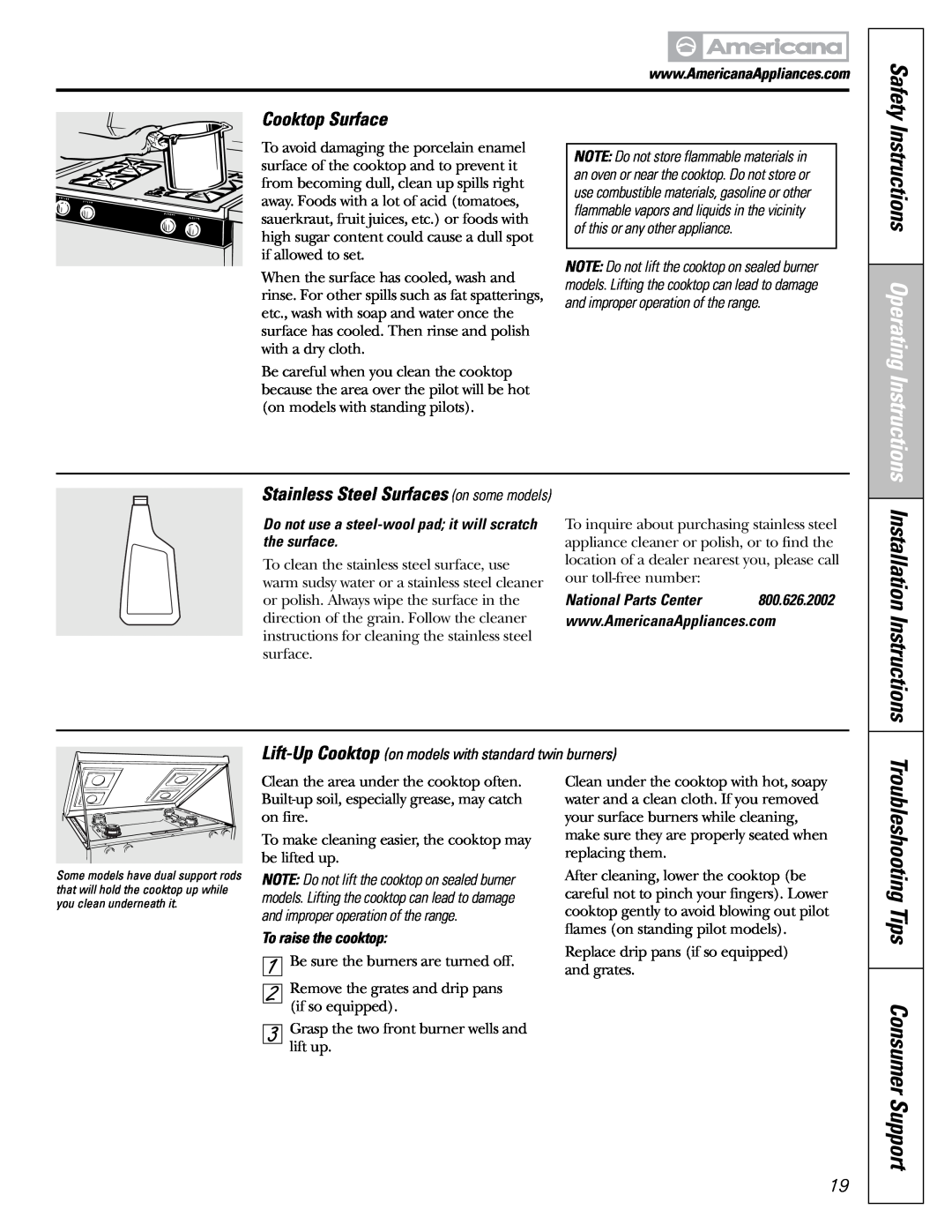 Americana Appliances AGBS300 Installation Instructions, Troubleshooting Tips Consumer Support, Cooktop Surface, Safety 