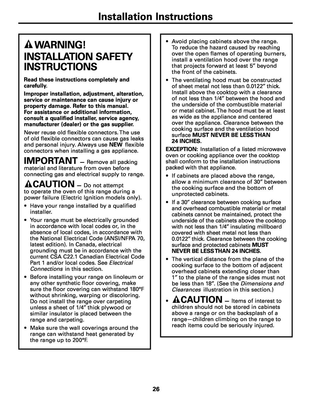 Americana Appliances AGBS300 installation instructions Installation Instructions, Installation Safety Instructions, Inches 