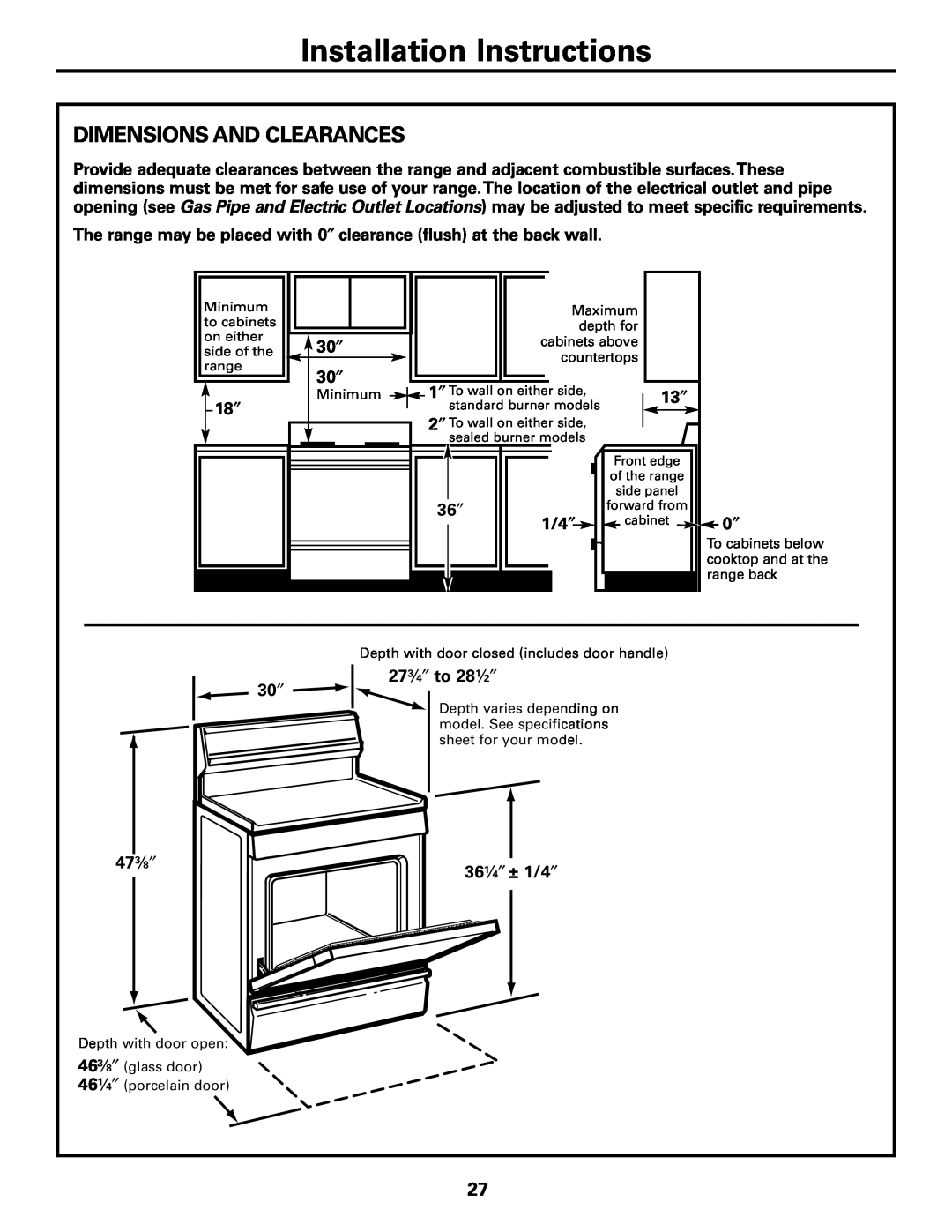 Americana Appliances AGBS300 Dimensions And Clearances, Installation Instructions, 30″ 30″, 1/4″, 273⁄4″ to 281⁄2″, 473⁄8″ 