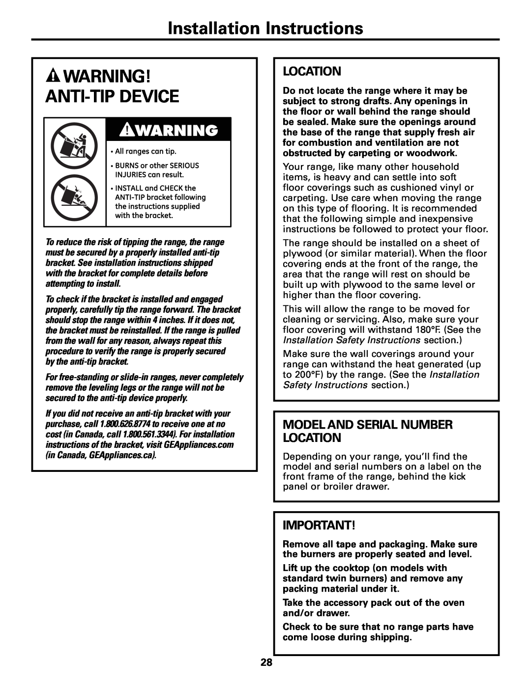Americana Appliances AGBS300 Anti-Tipdevice, Model And Serial Number Location, Installation Instructions 