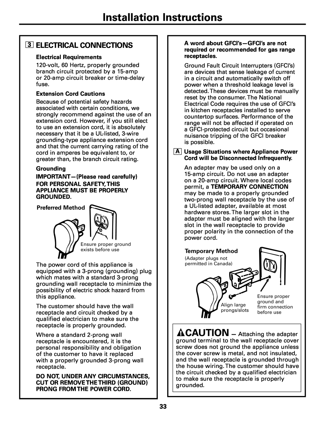 Americana Appliances AGBS300 3ELECTRICAL CONNECTIONS, Installation Instructions, Electrical Requirements, Preferred Method 