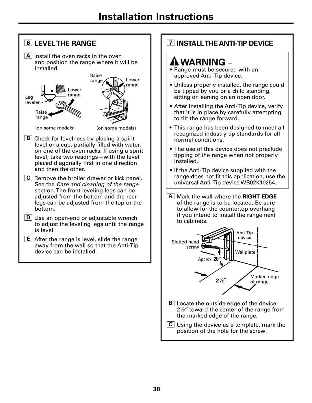 Americana Appliances AGBS300 Warning, 6LEVELTHE RANGE, 7INSTALLTHE ANTI-TIPDEVICE, Installation Instructions, 21⁄8″ 