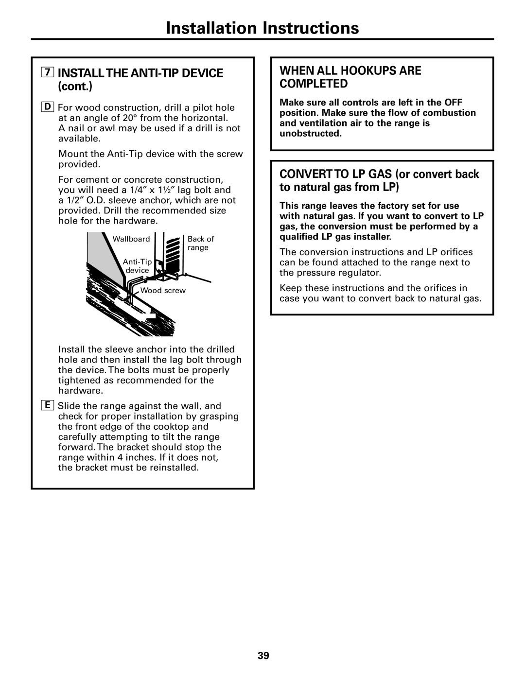 Americana Appliances AGBS300 7INSTALLTHE ANTI-TIPDEVICE cont, When All Hookups Are Completed, Installation Instructions 