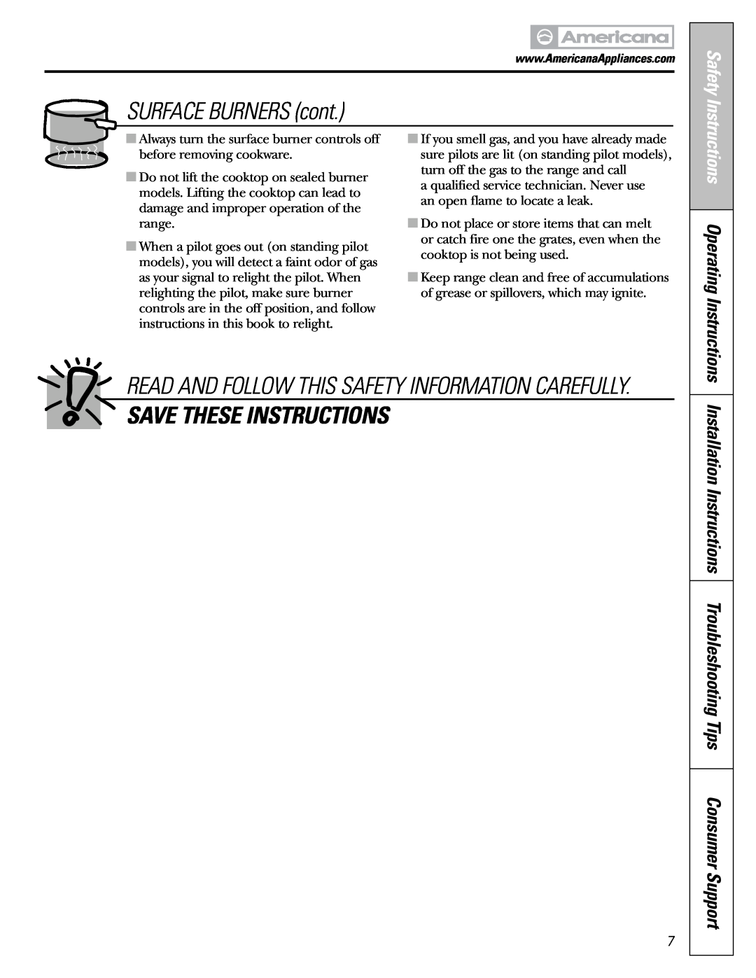 Americana Appliances AGBS300 SURFACE BURNERS cont, Save These Instructions, Safety, Instructions Operating Instructions 