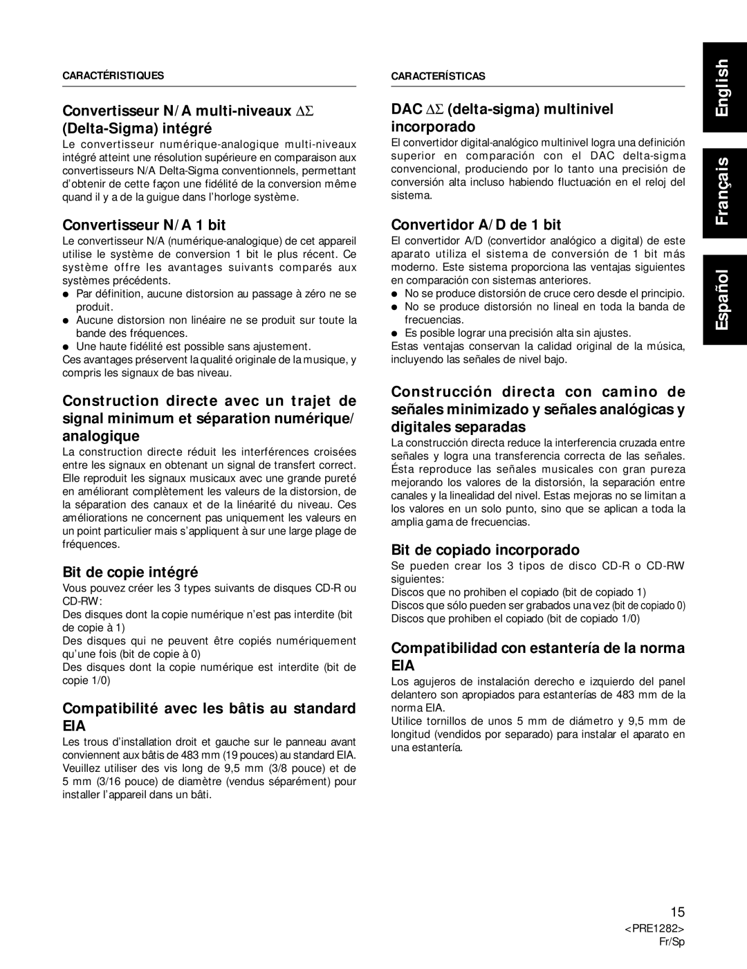 Americana Appliances CDR-850 manual Convertisseur N/A multi-niveaux ΔΣ Delta-Sigma intégré, Convertisseur N/A 1 bit 