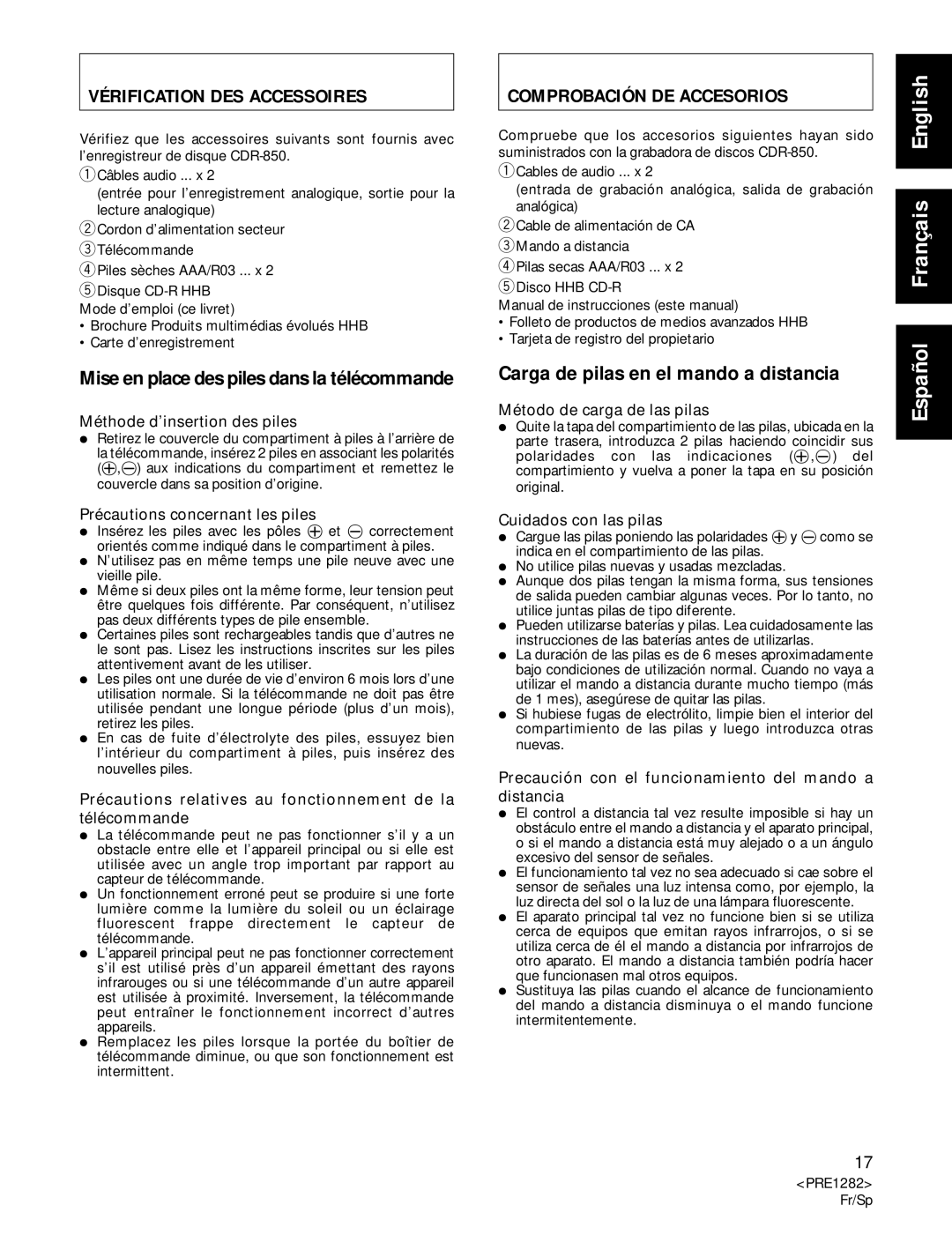 Americana Appliances CDR-850 manual Vérification DES Accessoires, Comprobación DE Accesorios 