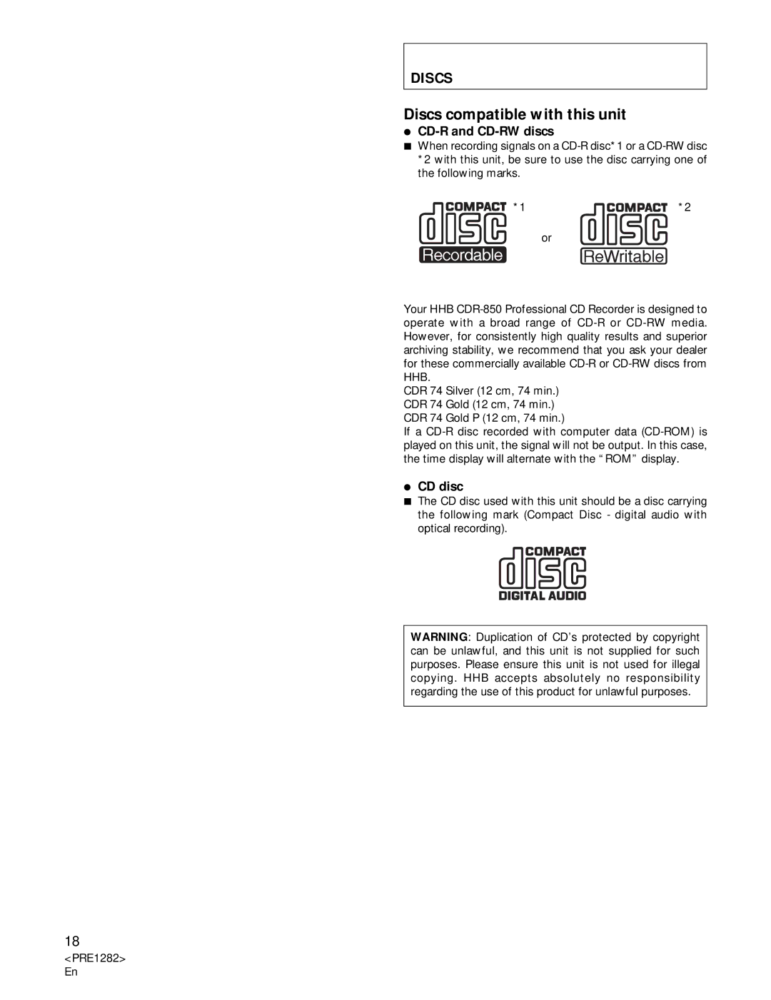 Americana Appliances CDR-850 manual Discs compatible with this unit 