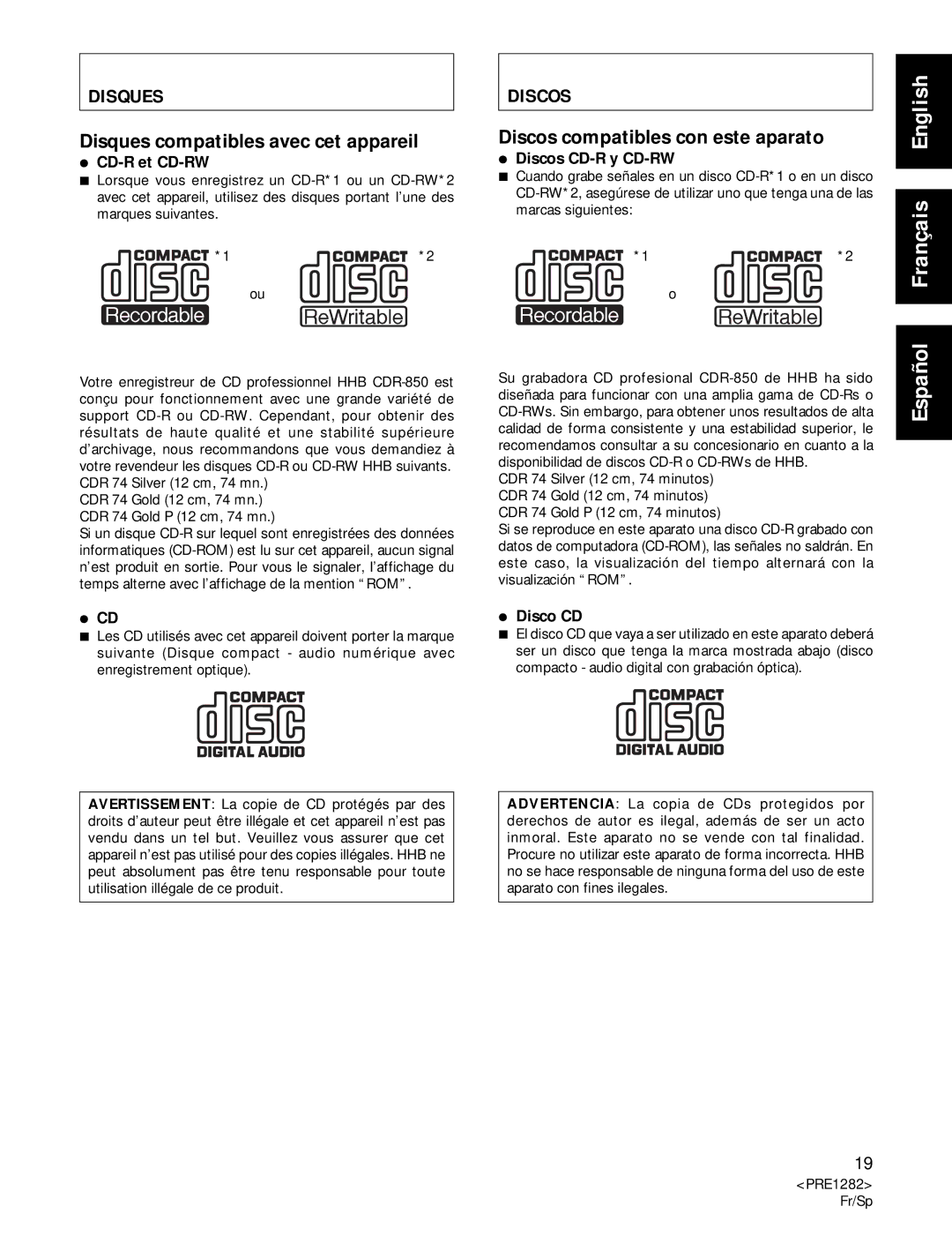 Americana Appliances CDR-850 manual Disques compatibles avec cet appareil, Discos compatibles con este aparato 