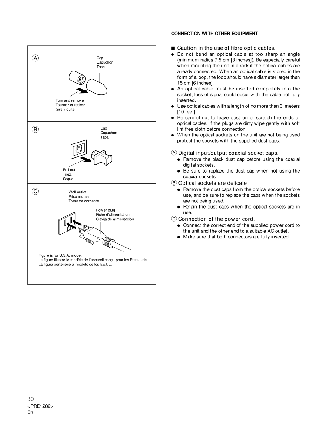 Americana Appliances CDR-850 manual Digital input/output coaxial socket caps, Optical sockets are delicate 