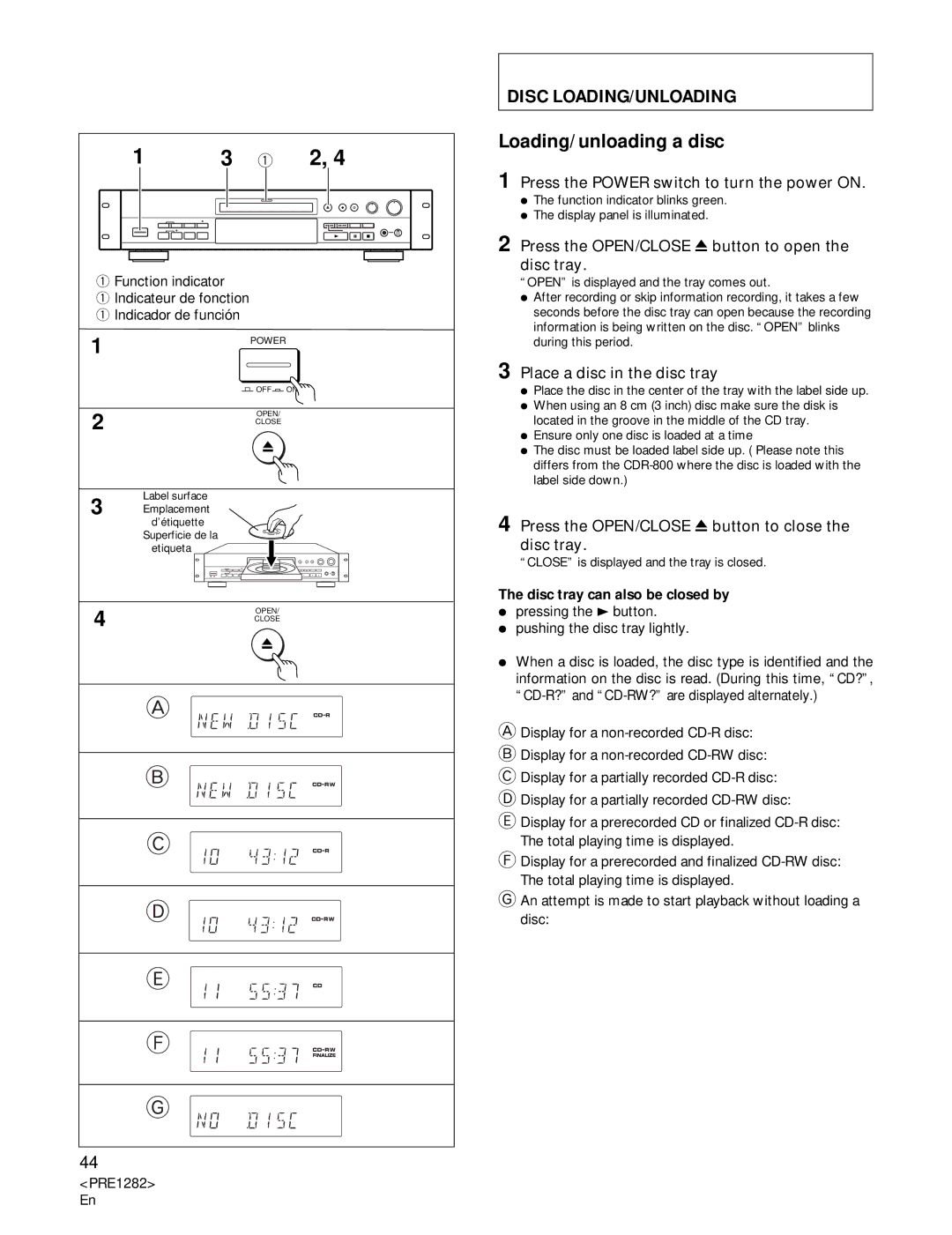 Americana Appliances CDR-850 manual Disc LOADING/UNLOADING, Loading/unloading a disc 