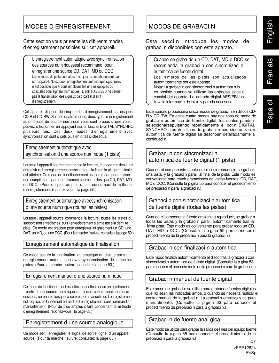 Americana Appliances CDR-850 manual Modes D’ENREGISTREMENT, Modos DE Grabación 