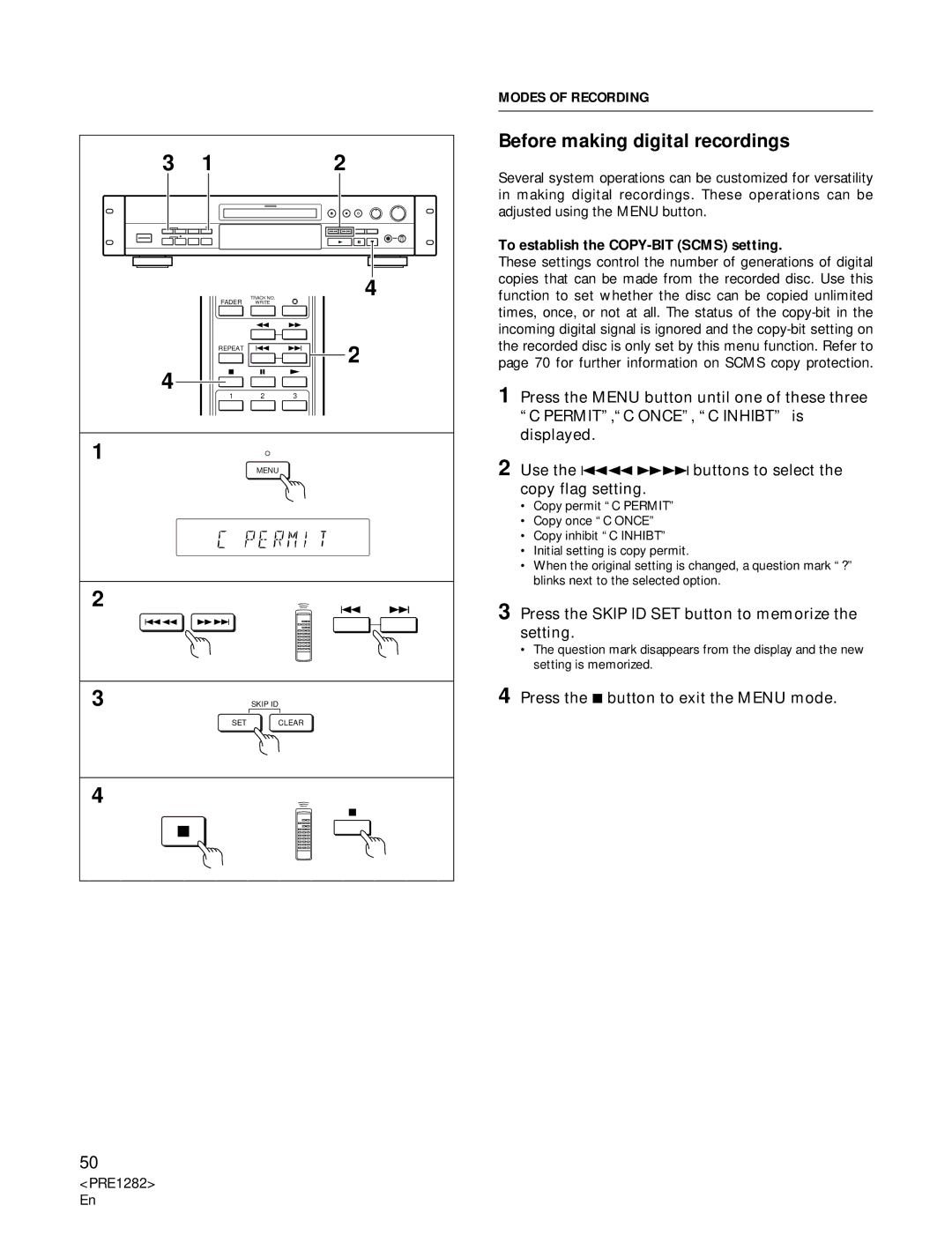 Americana Appliances CDR-850 manual Before making digital recordings, To establish the COPY-BIT Scms setting 