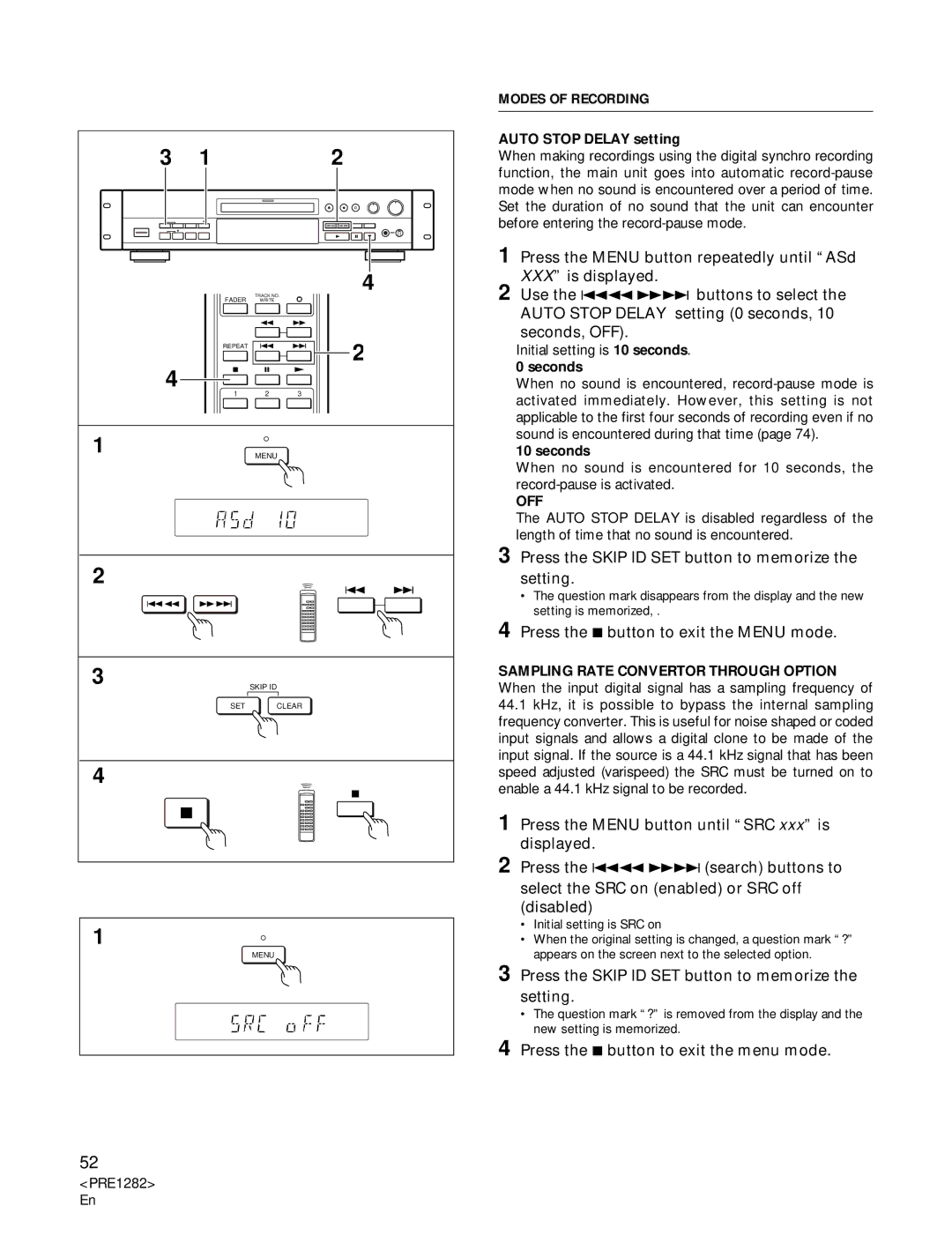 Americana Appliances CDR-850 manual Auto Stop Delay setting, Initial setting is 10 seconds, Seconds 