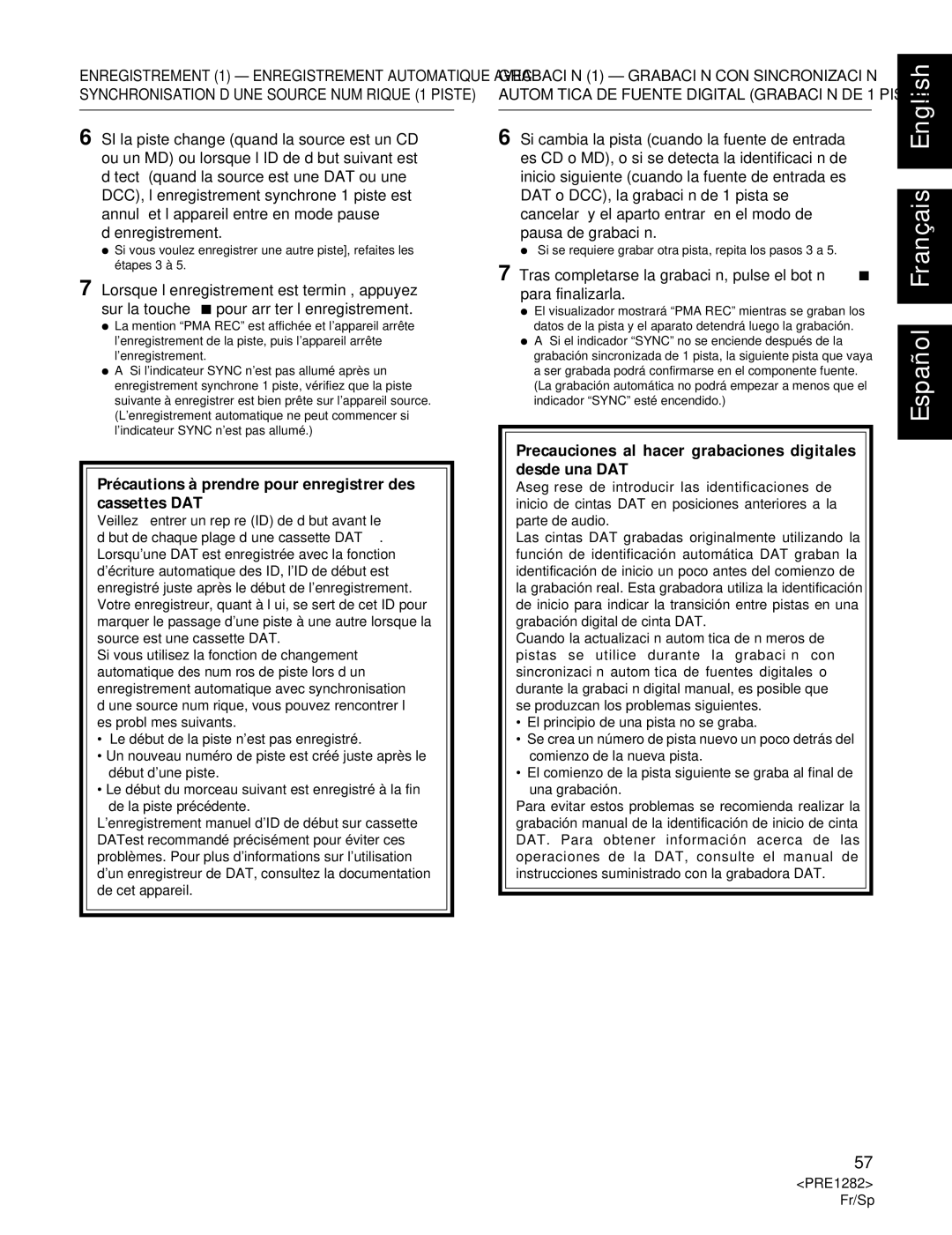 Americana Appliances CDR-850 manual Précautions à prendre pour enregistrer des cassettes DAT 