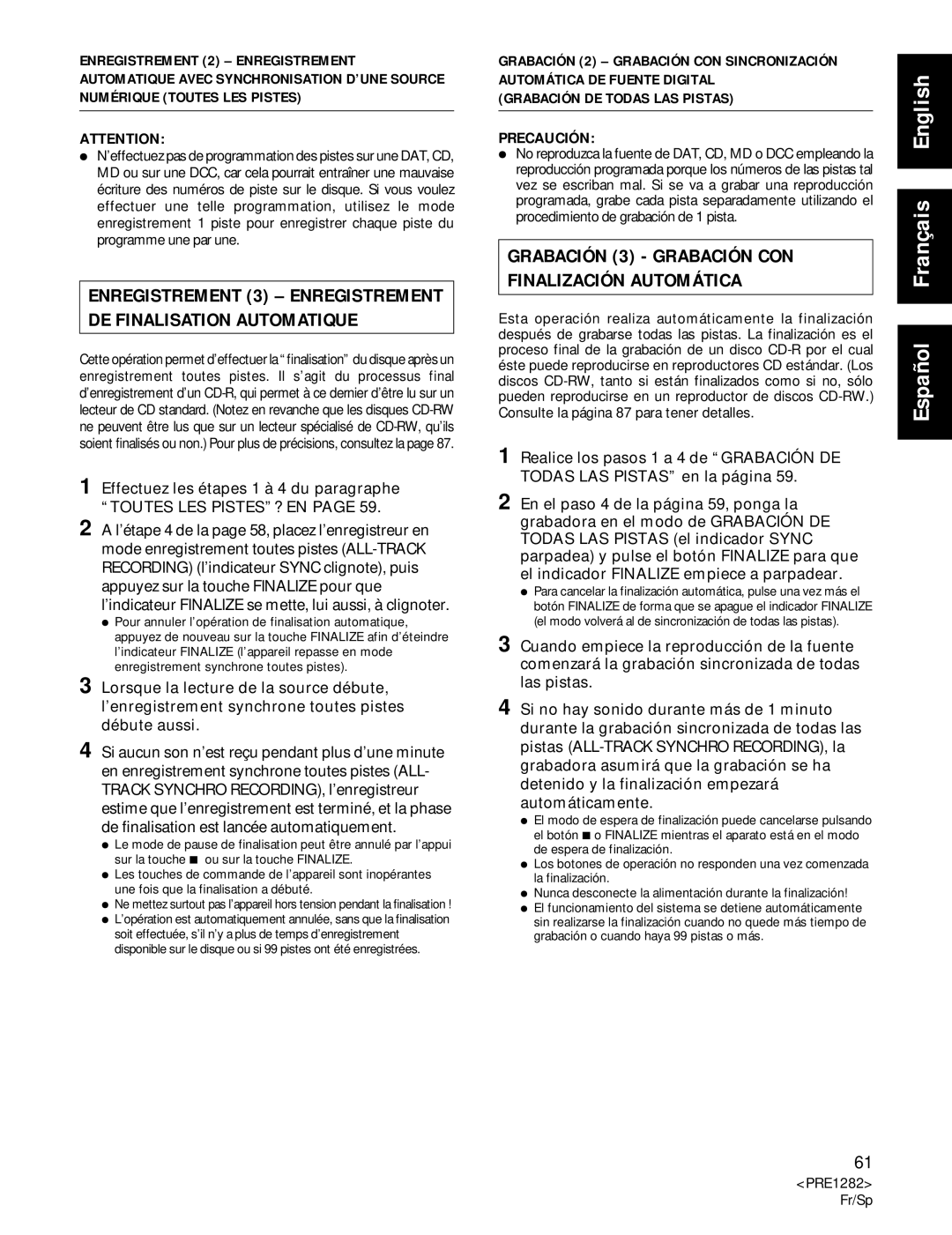 Americana Appliances CDR-850 Enregistrement 3 Enregistrement DE Finalisation Automatique, Grabación DE Todas LAS Pistas 