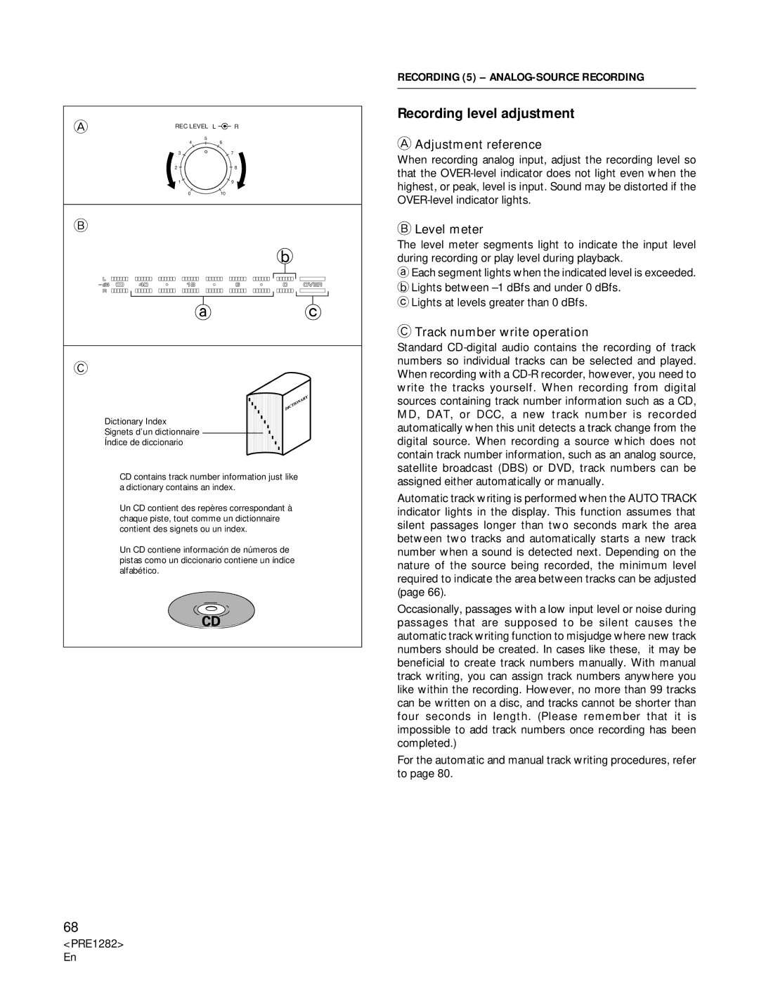 Americana Appliances CDR-850 Recording level adjustment, Adjustment reference, Level meter, Track number write operation 