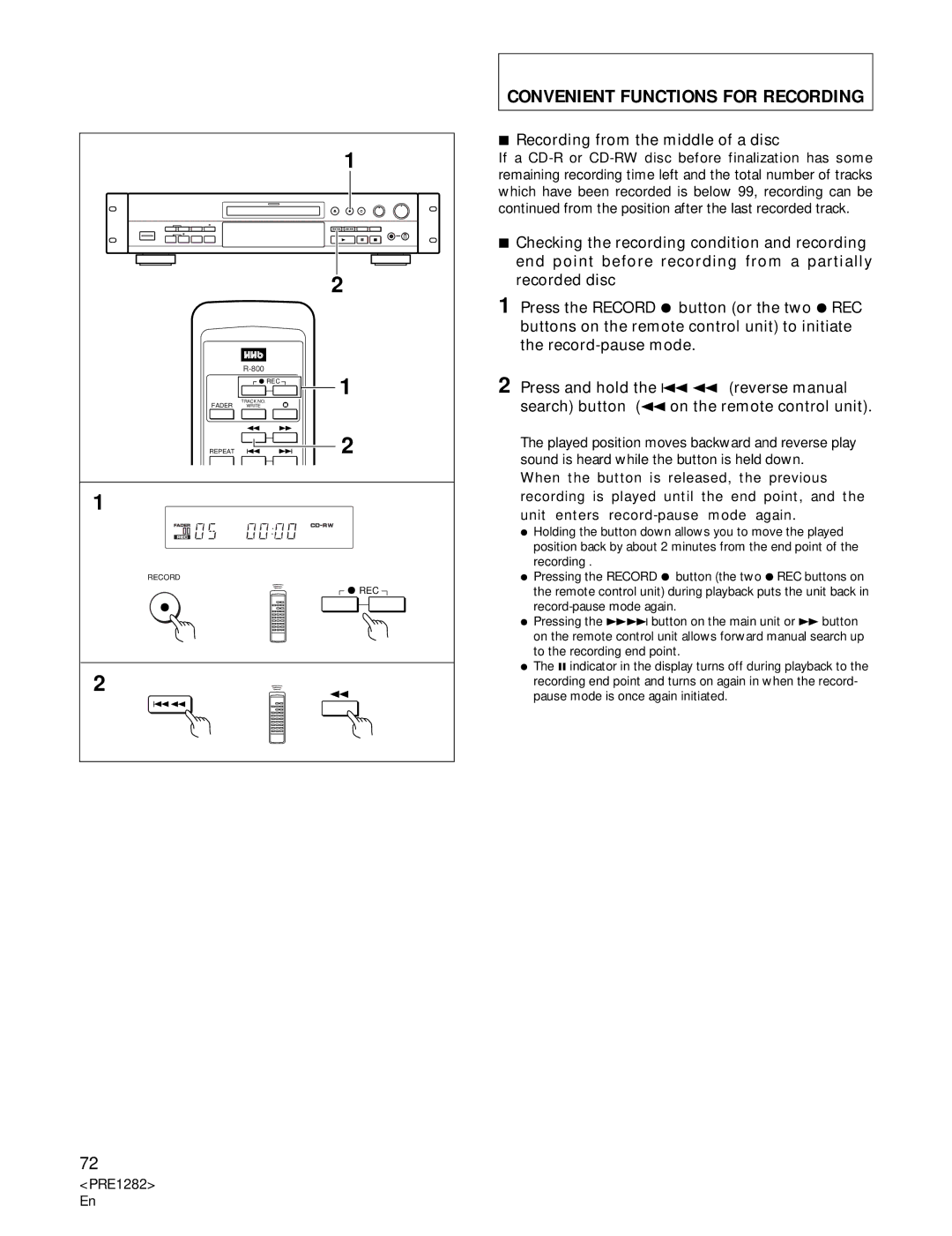 Americana Appliances CDR-850 manual Convenient Functions for Recording, Recording from the middle of a disc 