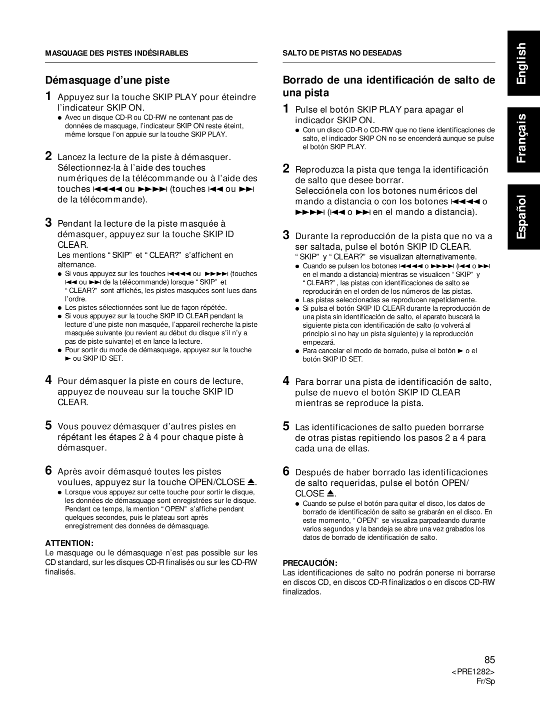 Americana Appliances CDR-850 manual Démasquage d’une piste, Borrado de una identificación de salto de una pista 